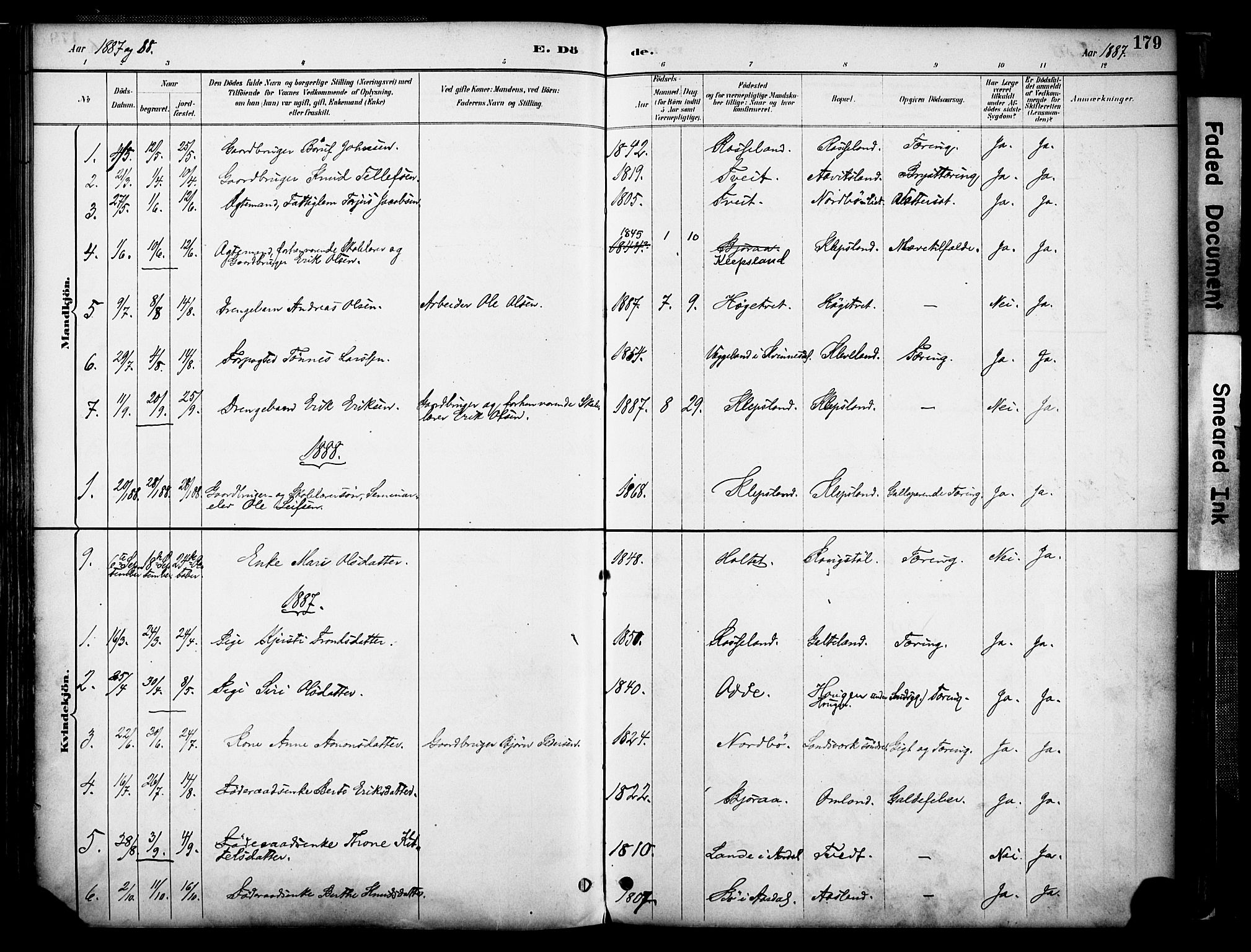 Evje sokneprestkontor, AV/SAK-1111-0008/F/Fa/Faa/L0007: Parish register (official) no. A 7, 1884-1909, p. 179