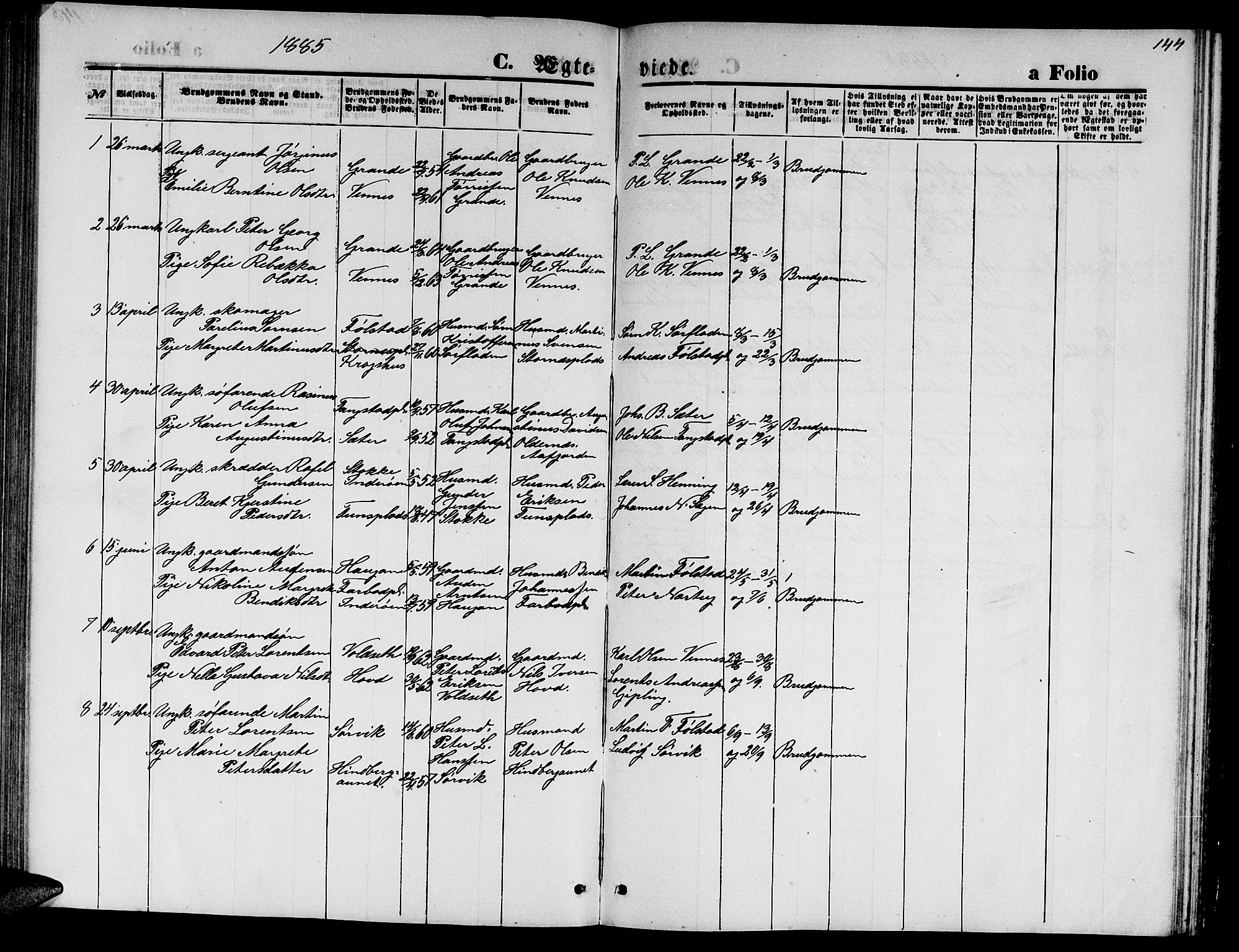 Ministerialprotokoller, klokkerbøker og fødselsregistre - Nord-Trøndelag, SAT/A-1458/744/L0422: Parish register (copy) no. 744C01, 1871-1885, p. 144