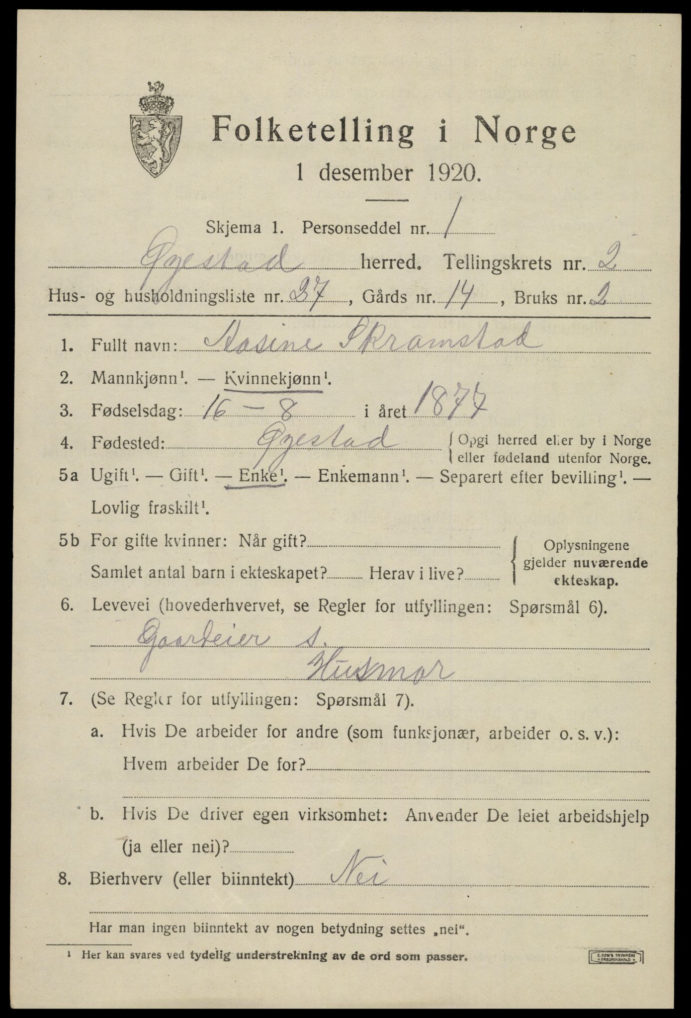 SAK, 1920 census for Øyestad, 1920, p. 2612