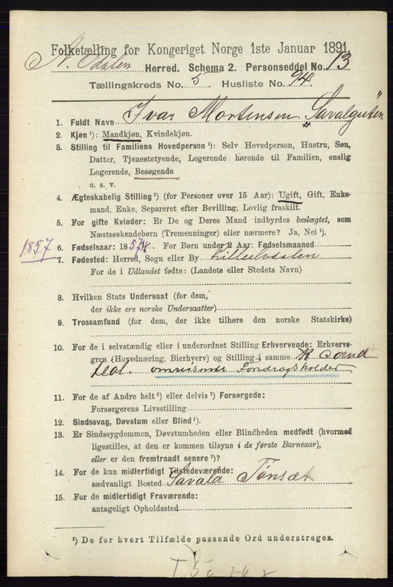 RA, 1891 census for 0418 Nord-Odal, 1891, p. 2135