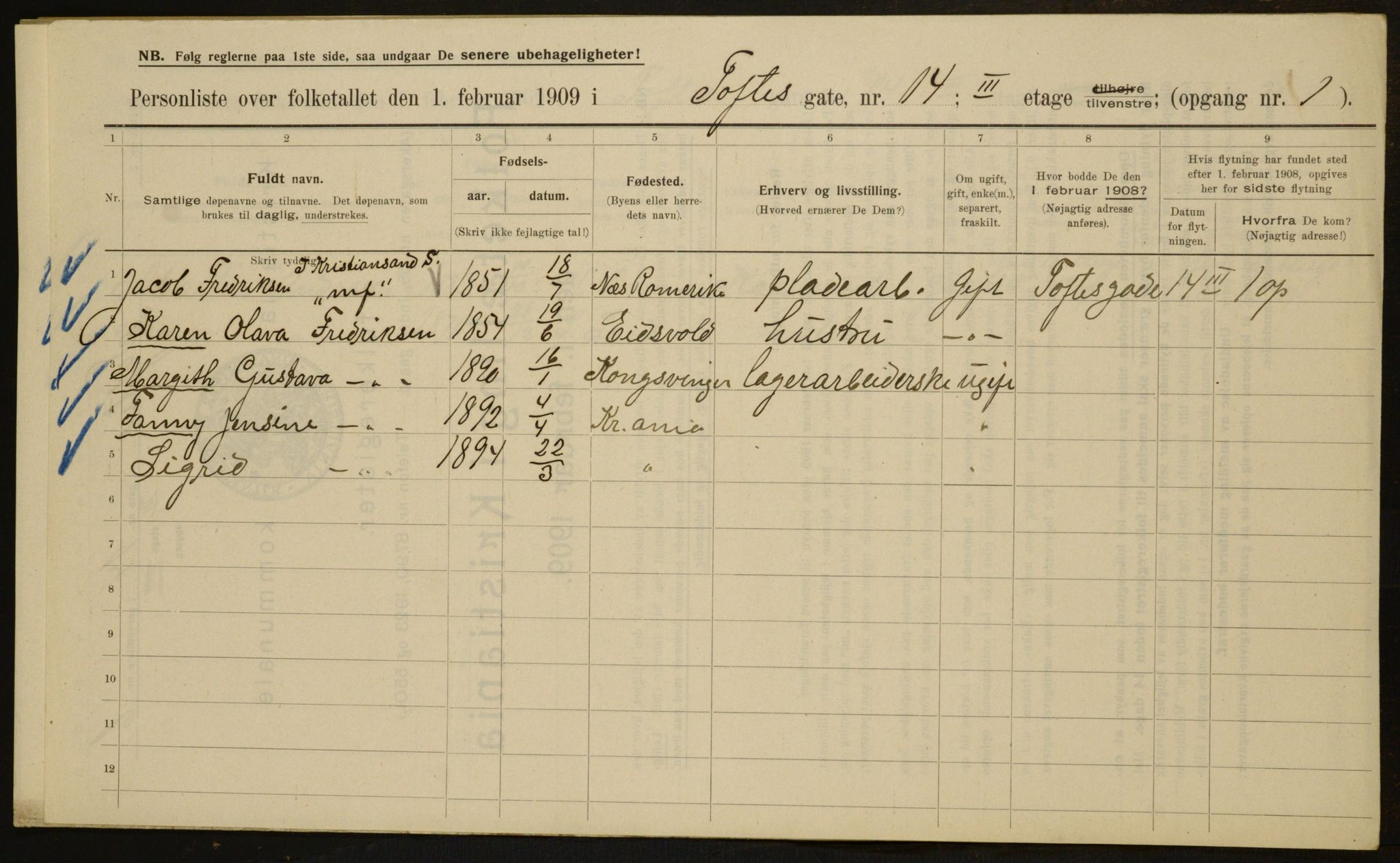 OBA, Municipal Census 1909 for Kristiania, 1909, p. 101119