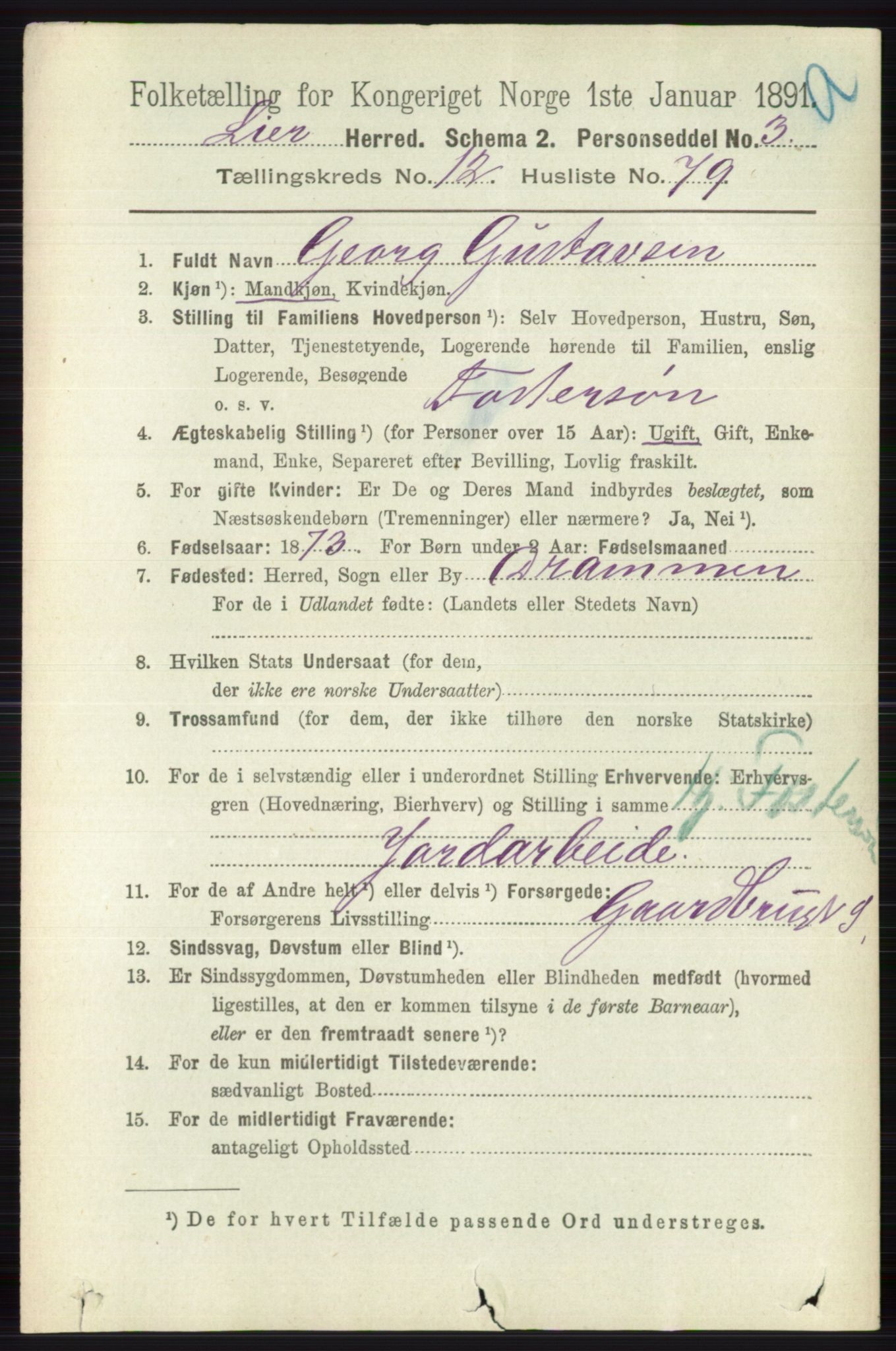 RA, 1891 census for 0626 Lier, 1891, p. 7827