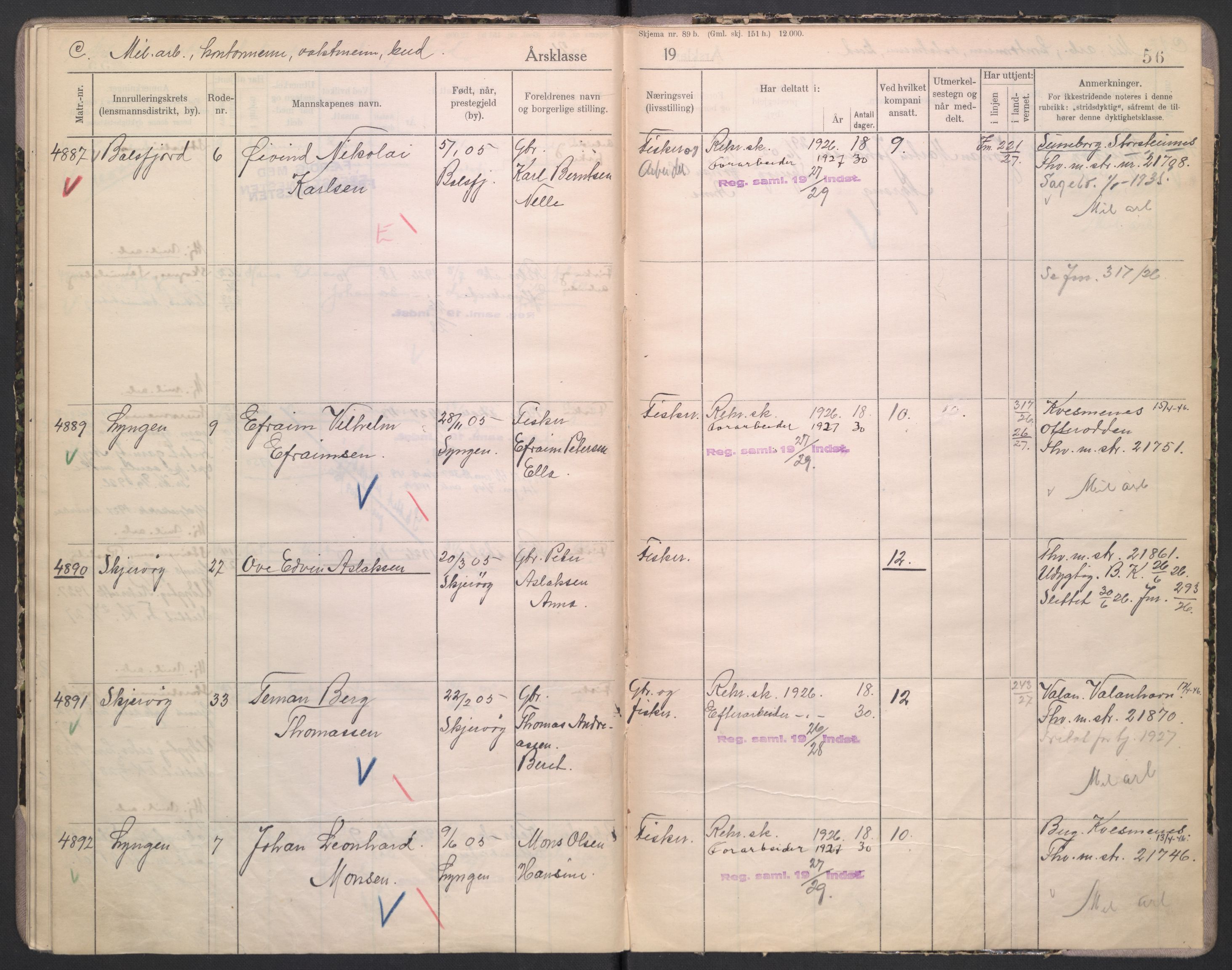 Forsvaret, Troms infanteriregiment nr. 16, AV/RA-RAFA-3146/P/Pa/L0004/0002: Ruller / Rulle for Lyngen bataljons menige mannskaper, årsklasse 1926, 1926, p. 56