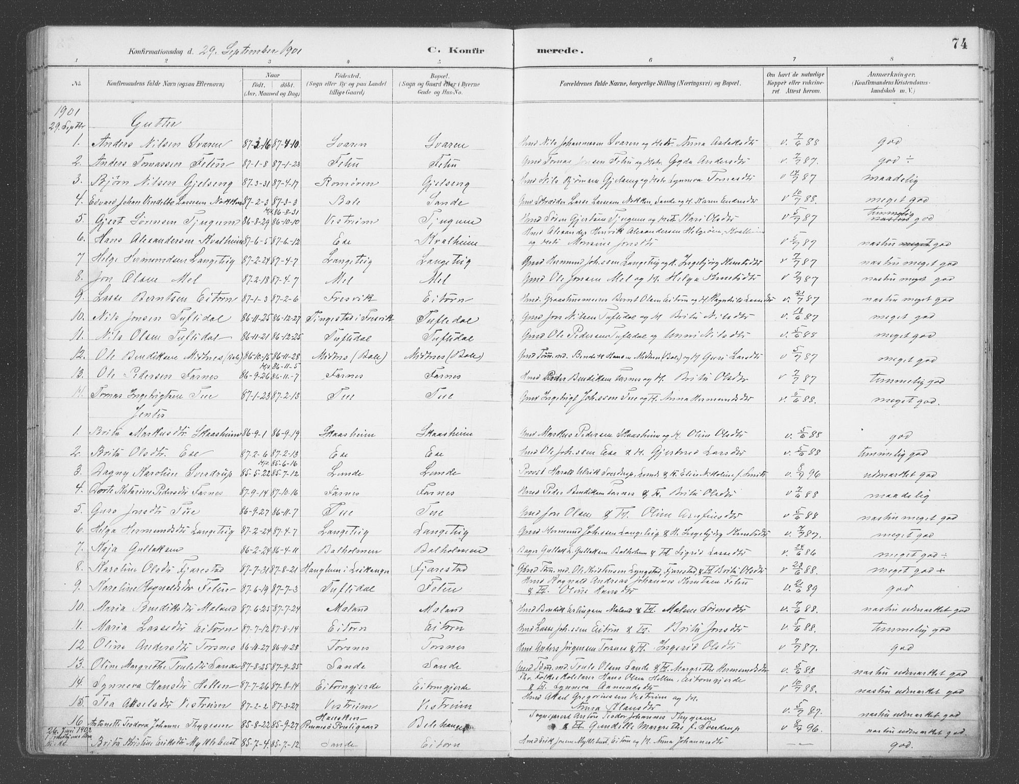 Balestrand sokneprestembete, AV/SAB-A-79601/H/Haa/Haab/L0001: Parish register (official) no. B  1, 1889-1910, p. 74