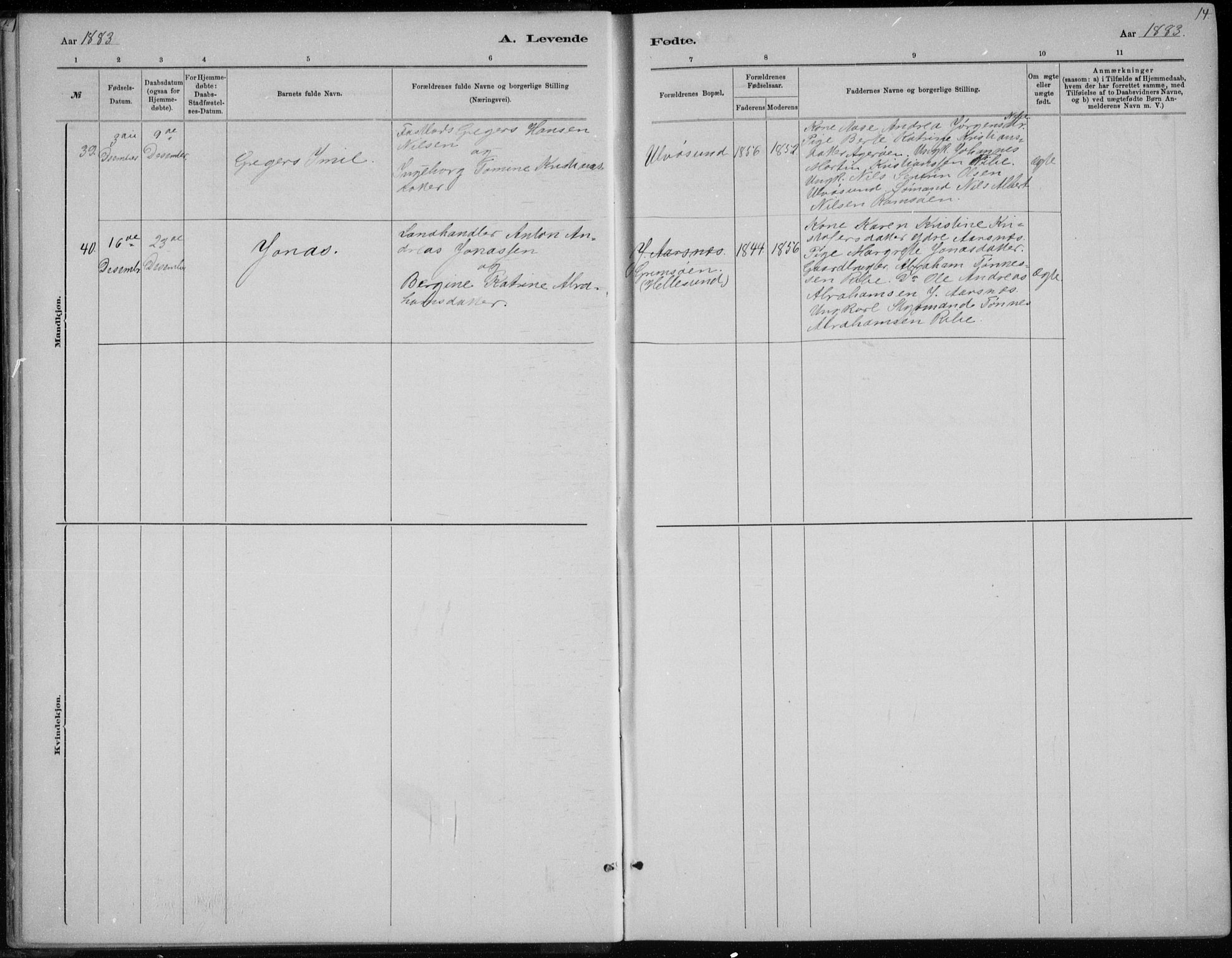 Høvåg sokneprestkontor, SAK/1111-0025/F/Fb/L0004: Parish register (copy) no. B 4, 1883-1898, p. 14