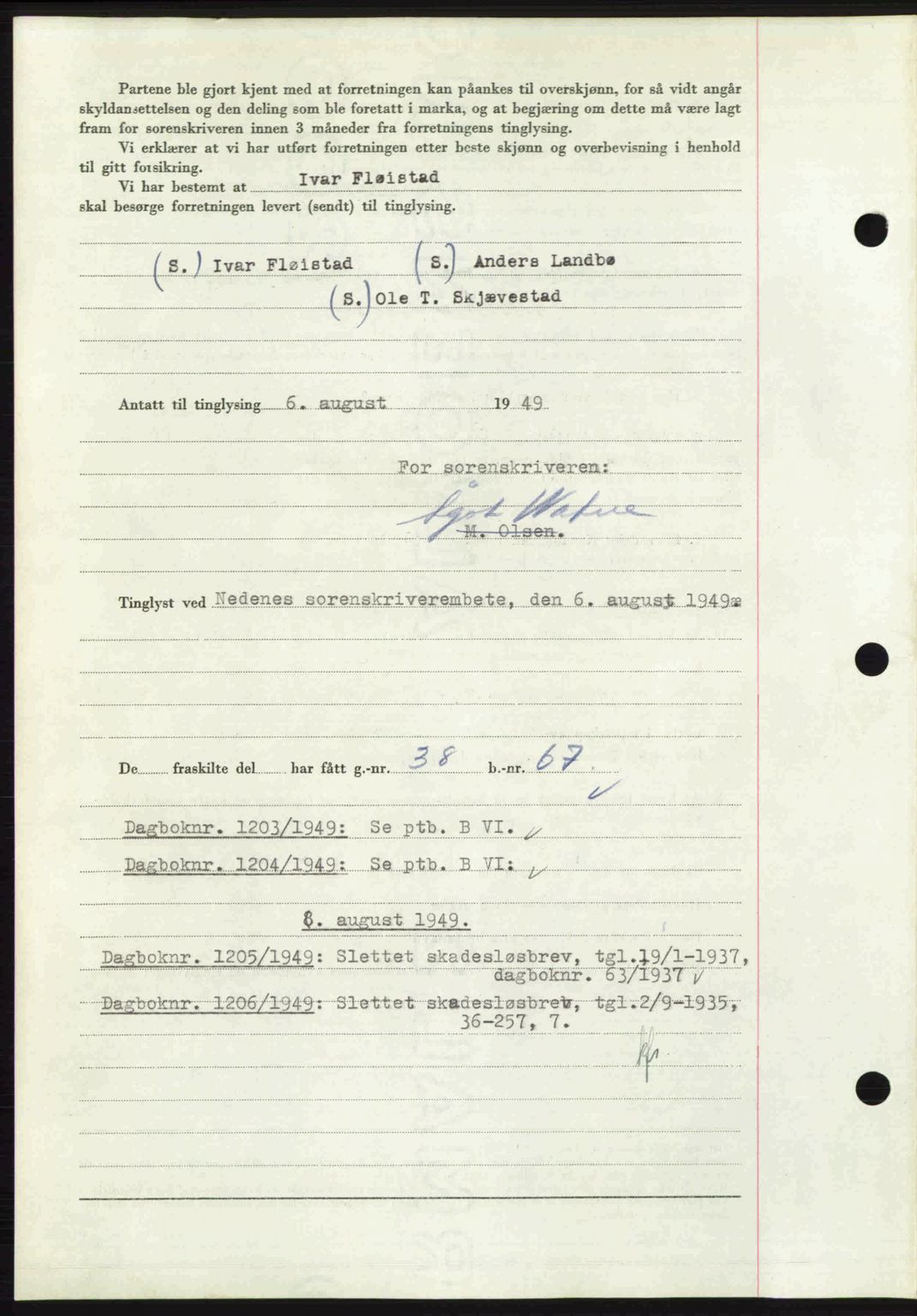 Nedenes sorenskriveri, AV/SAK-1221-0006/G/Gb/Gba/L0061: Mortgage book no. A13, 1949-1949, Diary no: : 1202/1949