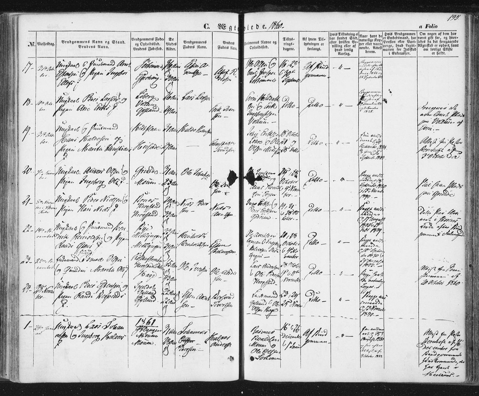 Ministerialprotokoller, klokkerbøker og fødselsregistre - Sør-Trøndelag, SAT/A-1456/692/L1103: Parish register (official) no. 692A03, 1849-1870, p. 195
