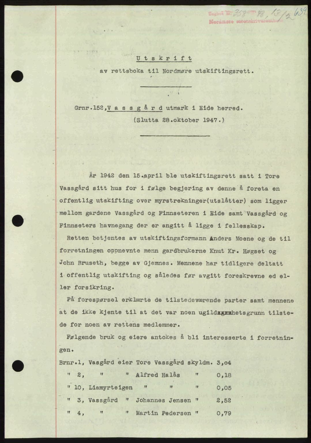 Nordmøre sorenskriveri, AV/SAT-A-4132/1/2/2Ca: Mortgage book no. A107, 1947-1948, Diary no: : 358/1948