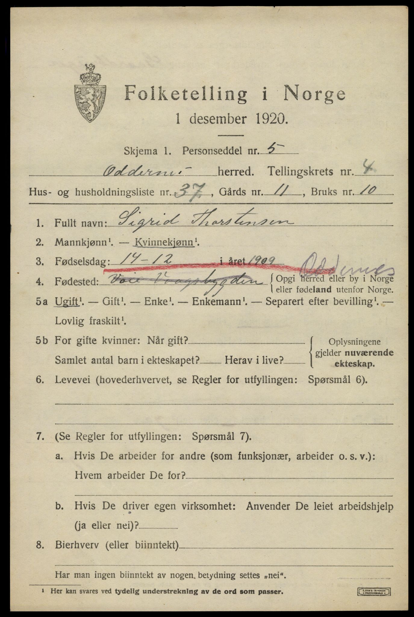 SAK, 1920 census for Oddernes, 1920, p. 4399