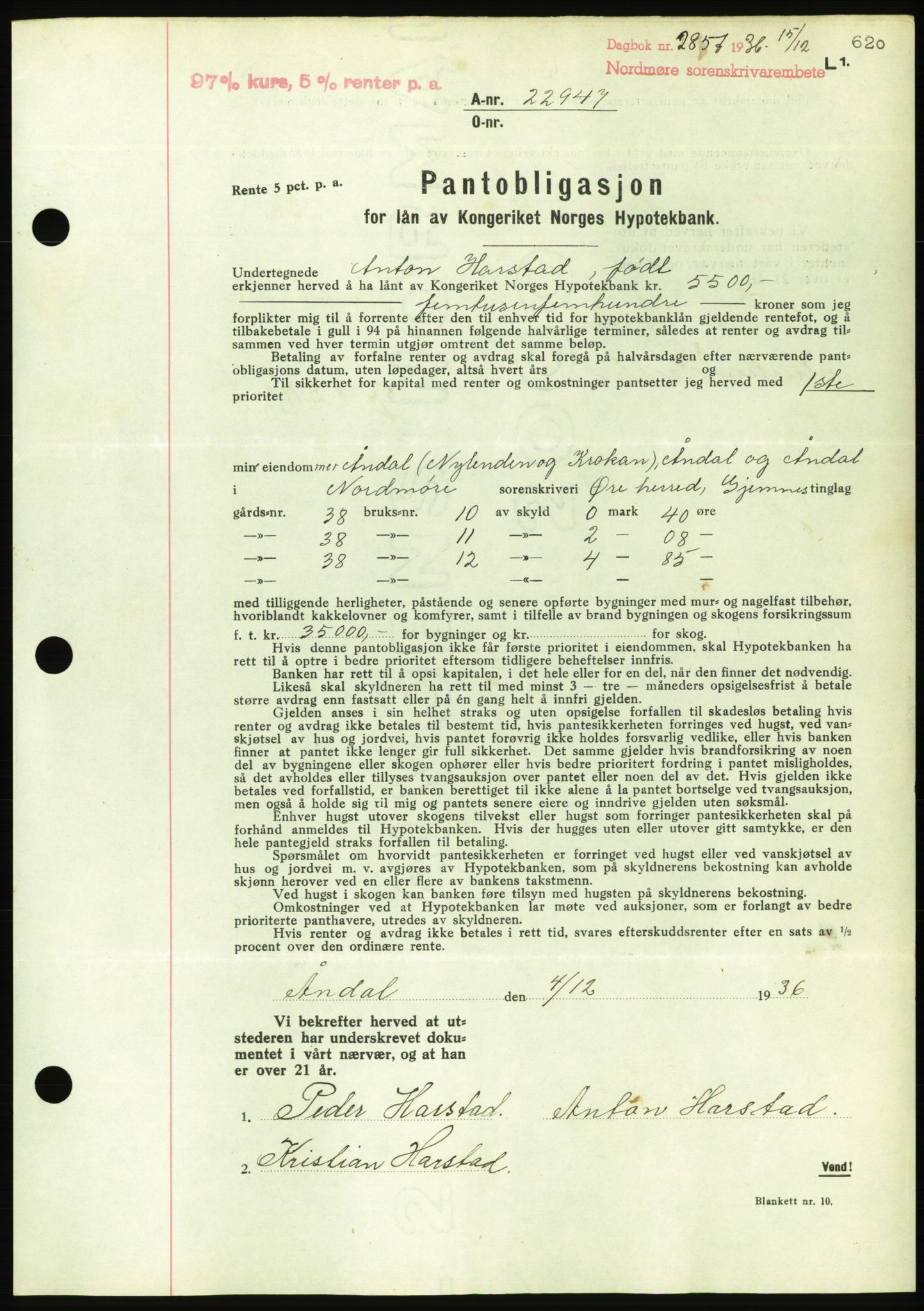 Nordmøre sorenskriveri, AV/SAT-A-4132/1/2/2Ca/L0090: Mortgage book no. B80, 1936-1937, Diary no: : 2857/1936