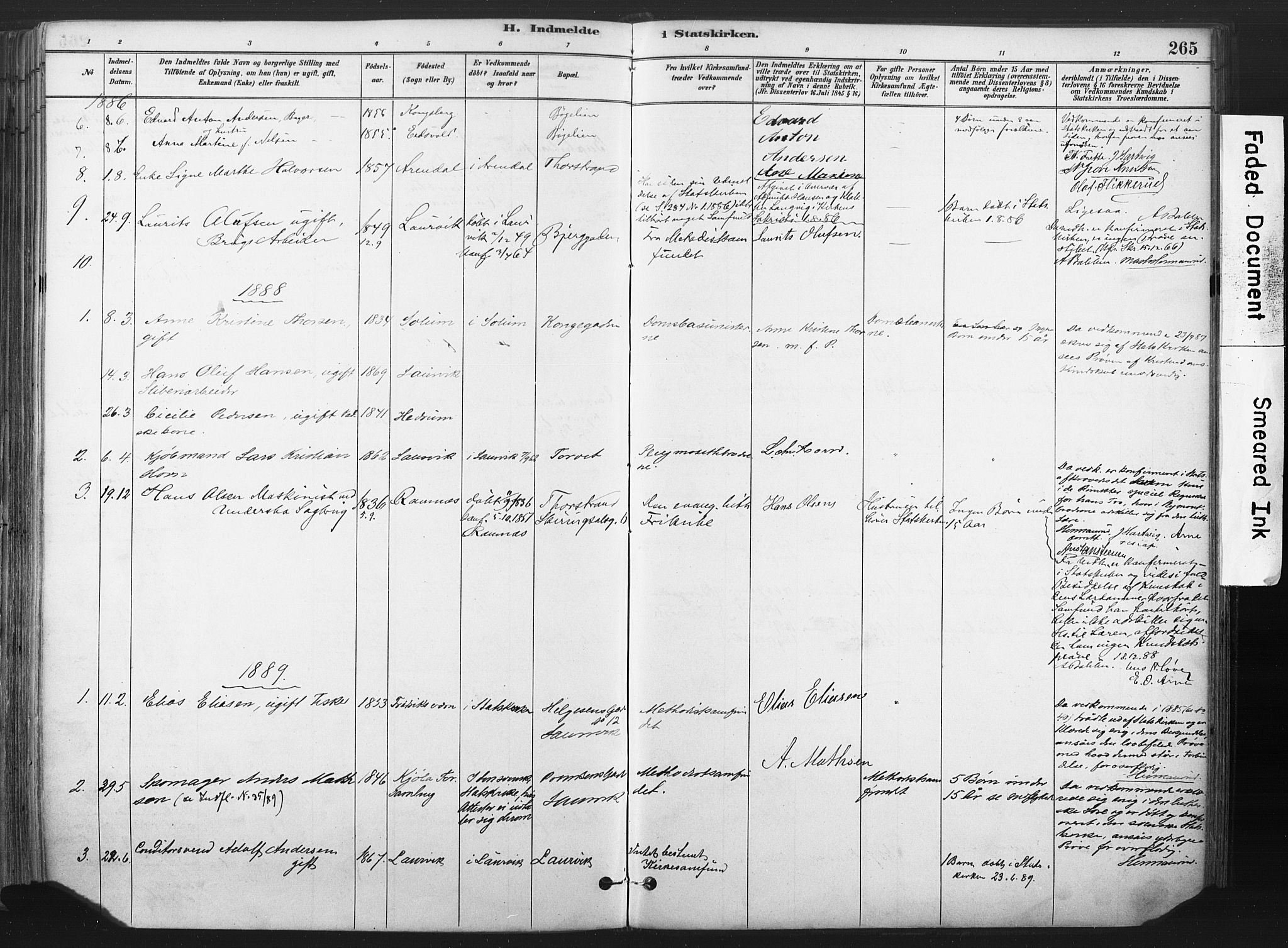 Larvik kirkebøker, SAKO/A-352/F/Fa/L0010: Parish register (official) no. I 10, 1884-1910, p. 265