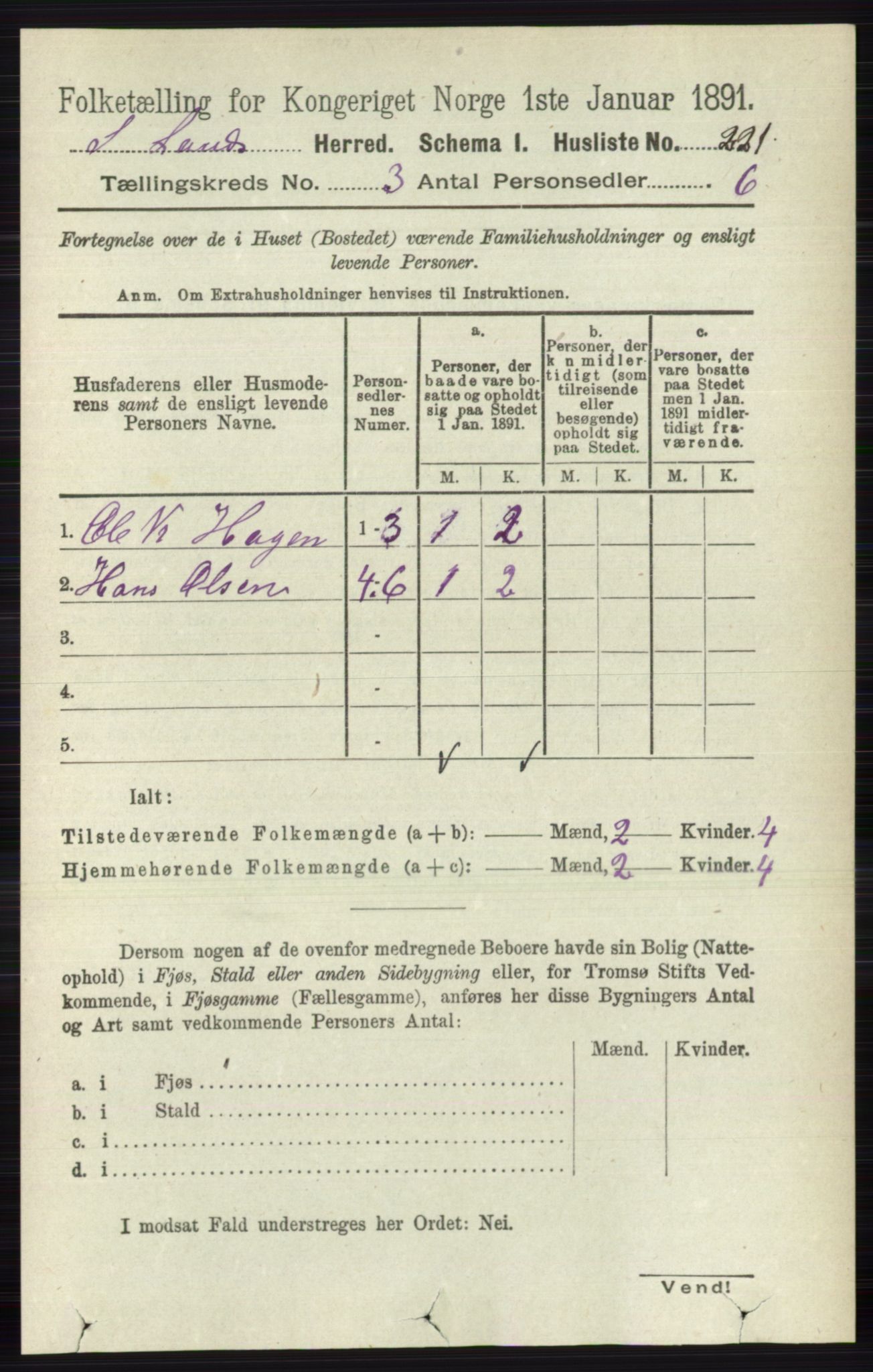 RA, 1891 census for 0536 Søndre Land, 1891, p. 2487