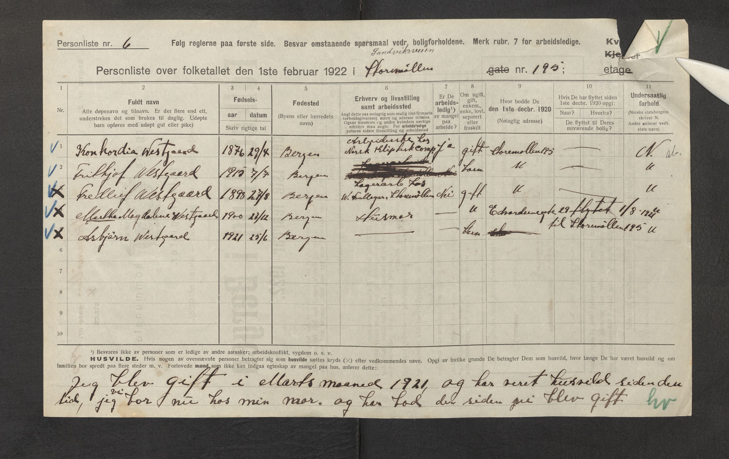 SAB, Municipal Census 1922 for Bergen, 1922, p. 34544