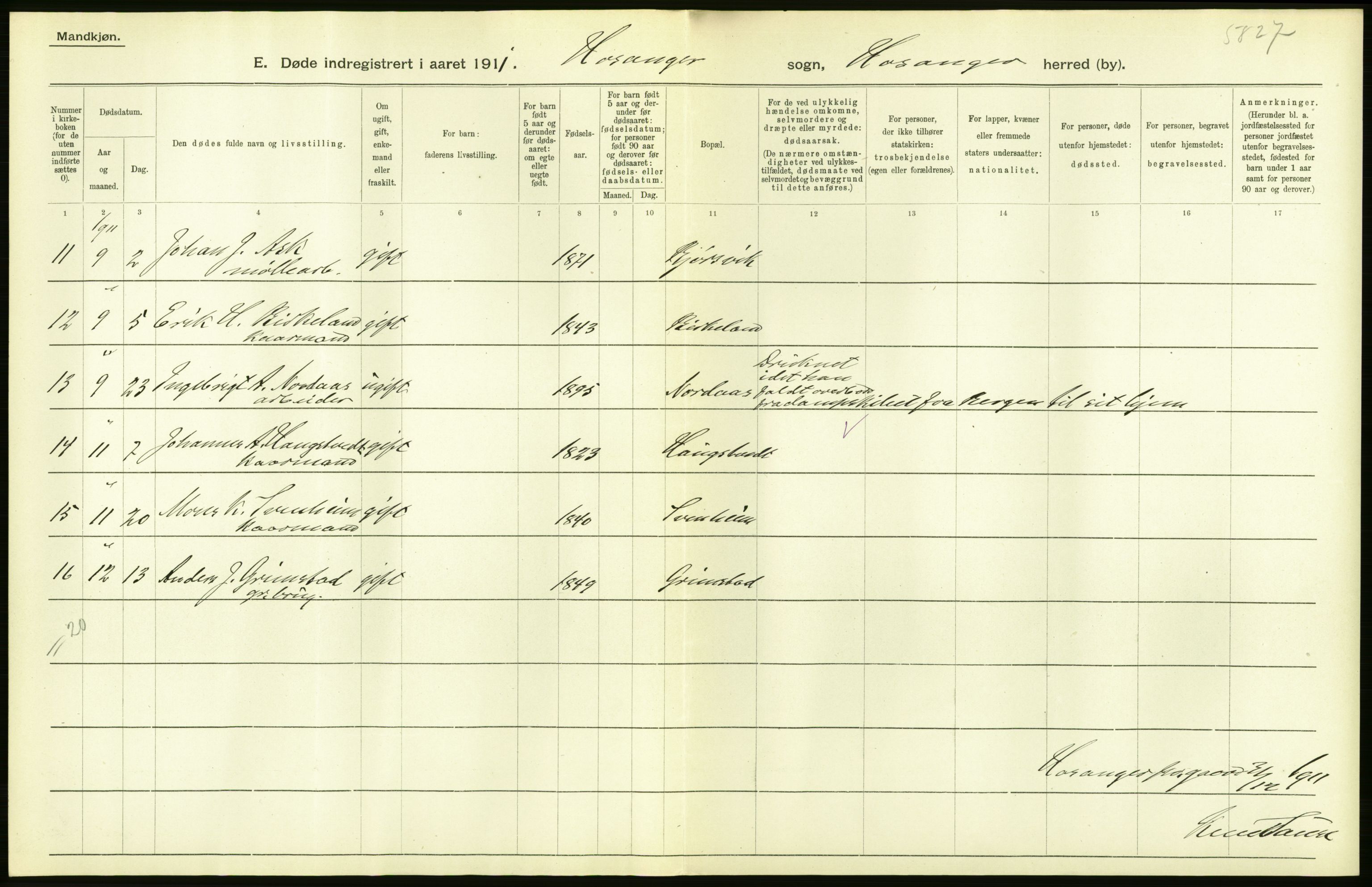 Statistisk sentralbyrå, Sosiodemografiske emner, Befolkning, AV/RA-S-2228/D/Df/Dfb/Dfba/L0030: S. Bergenhus amt: Døde. Bygder., 1911, p. 12