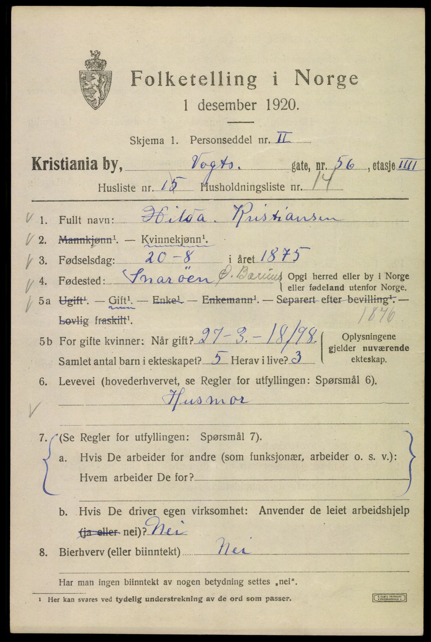 SAO, 1920 census for Kristiania, 1920, p. 643005