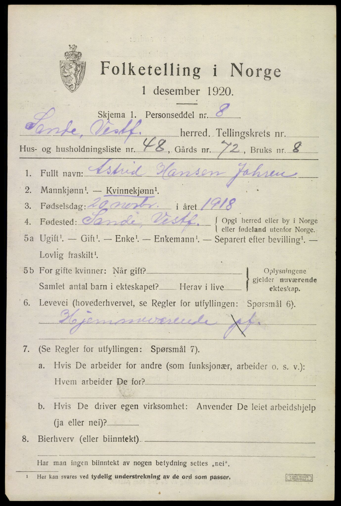 SAKO, 1920 census for Sande, 1920, p. 6132