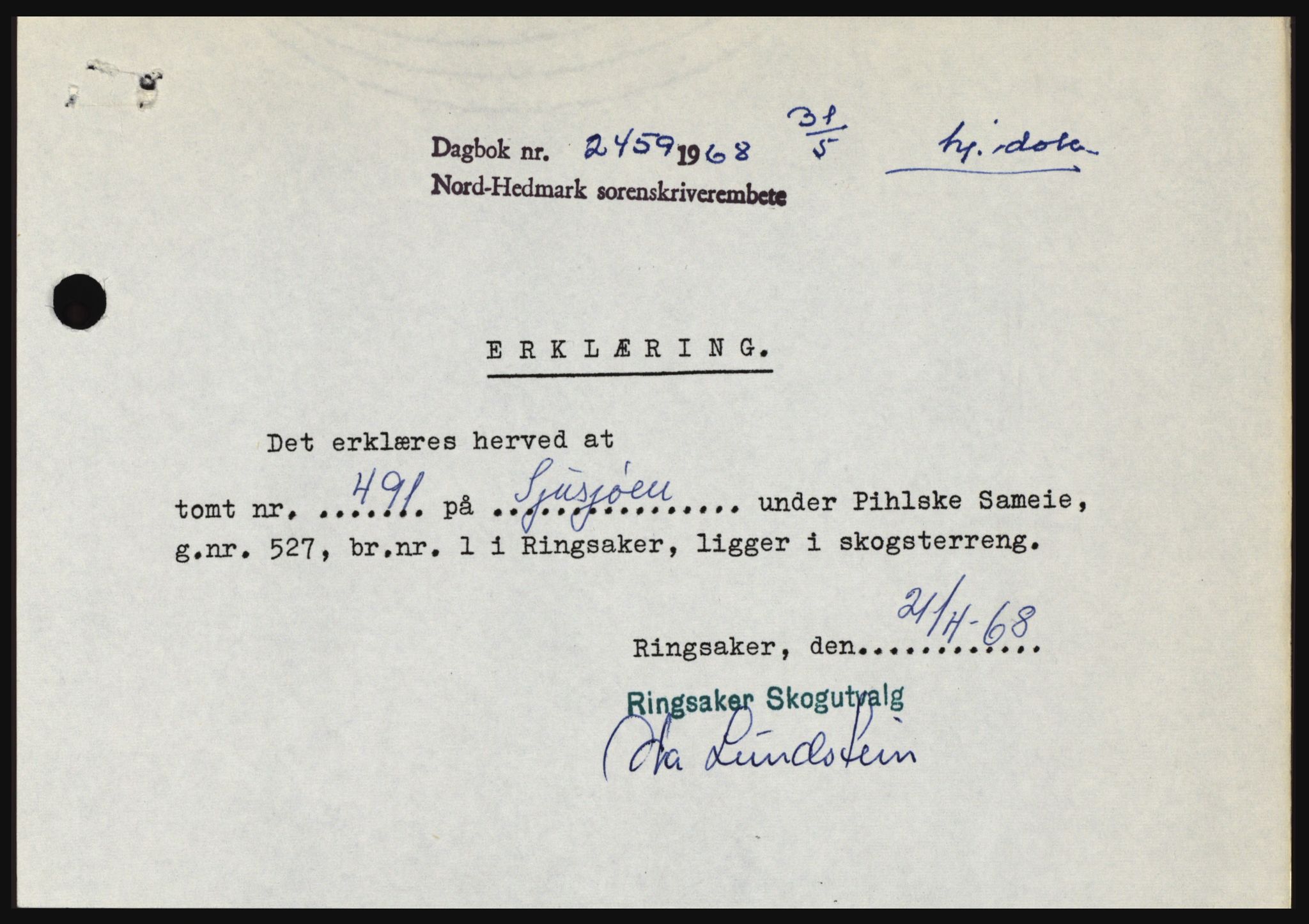 Nord-Hedmark sorenskriveri, SAH/TING-012/H/Hc/L0028: Mortgage book no. 28, 1968-1968, Diary no: : 2459/1968