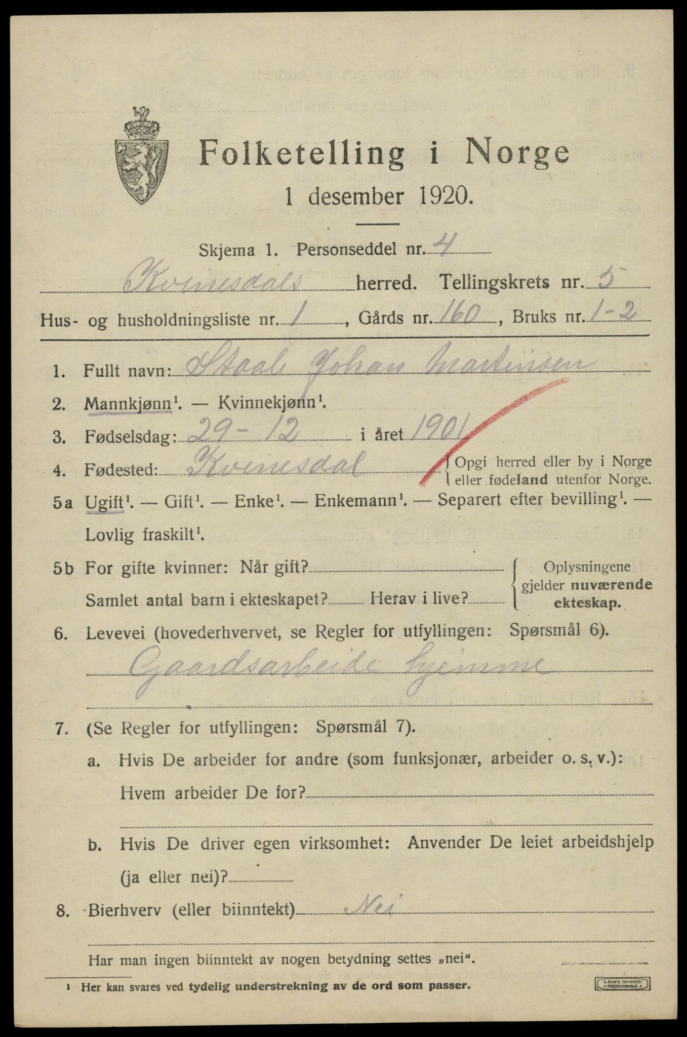 SAK, 1920 census for Kvinesdal, 1920, p. 5709