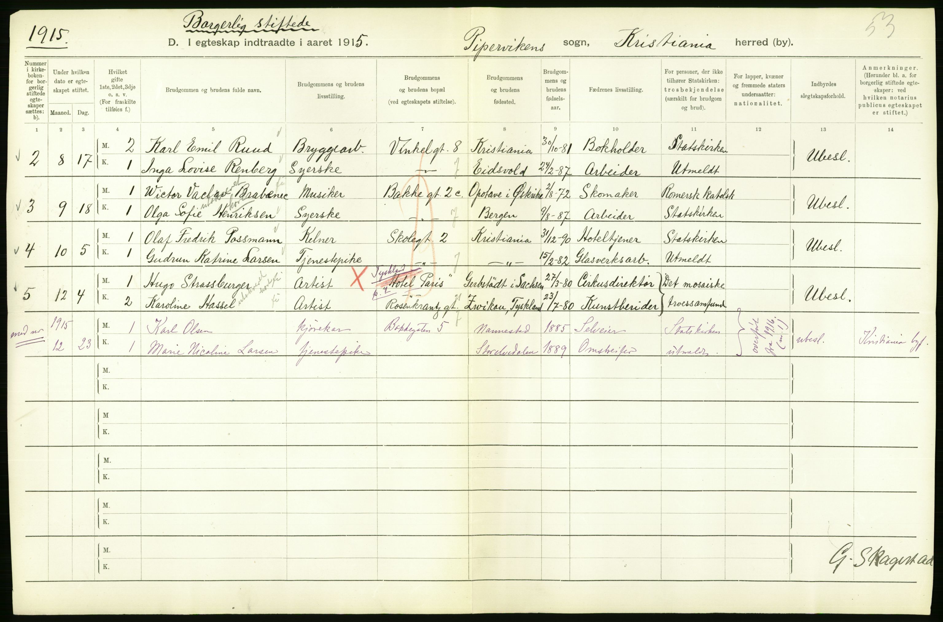 Statistisk sentralbyrå, Sosiodemografiske emner, Befolkning, RA/S-2228/D/Df/Dfb/Dfbe/L0008: Kristiania: Gifte., 1915, p. 666