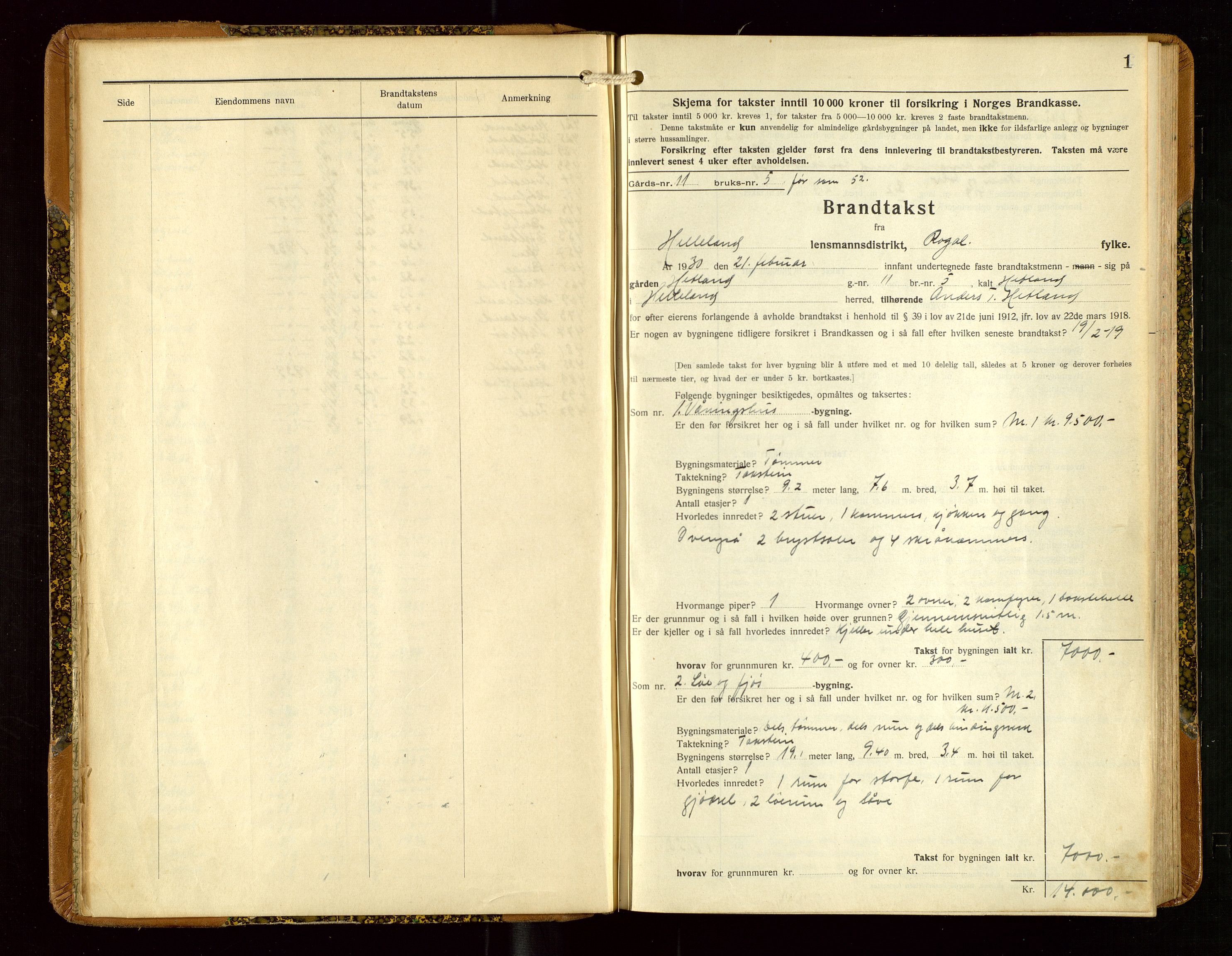 Helleland lensmannskontor, AV/SAST-A-100209/Gob/L0003: "Brandtakstprotokoll", 1930-1939, p. 1