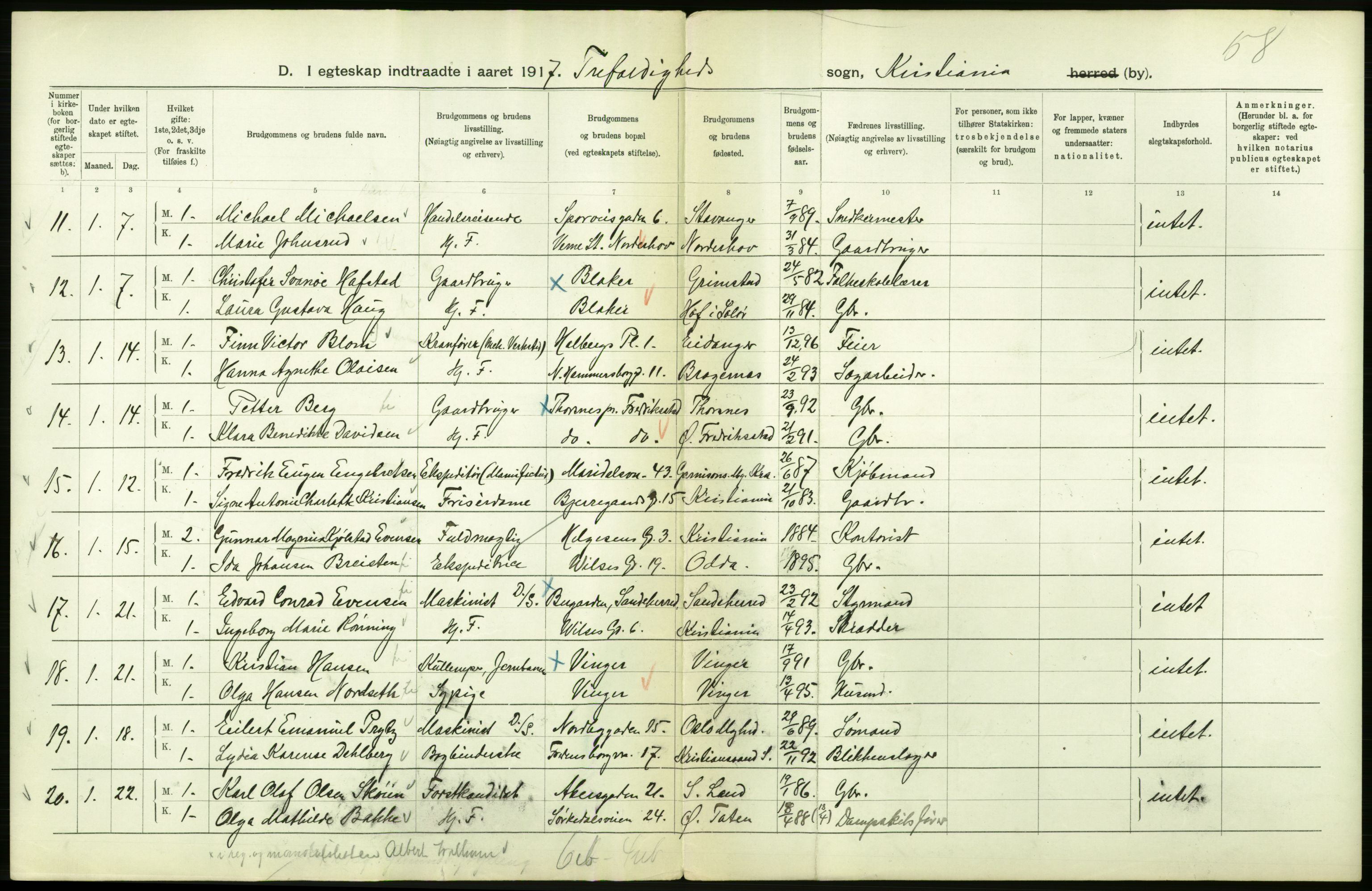 Statistisk sentralbyrå, Sosiodemografiske emner, Befolkning, AV/RA-S-2228/D/Df/Dfb/Dfbg/L0008: Kristiania: Gifte, 1917, p. 218