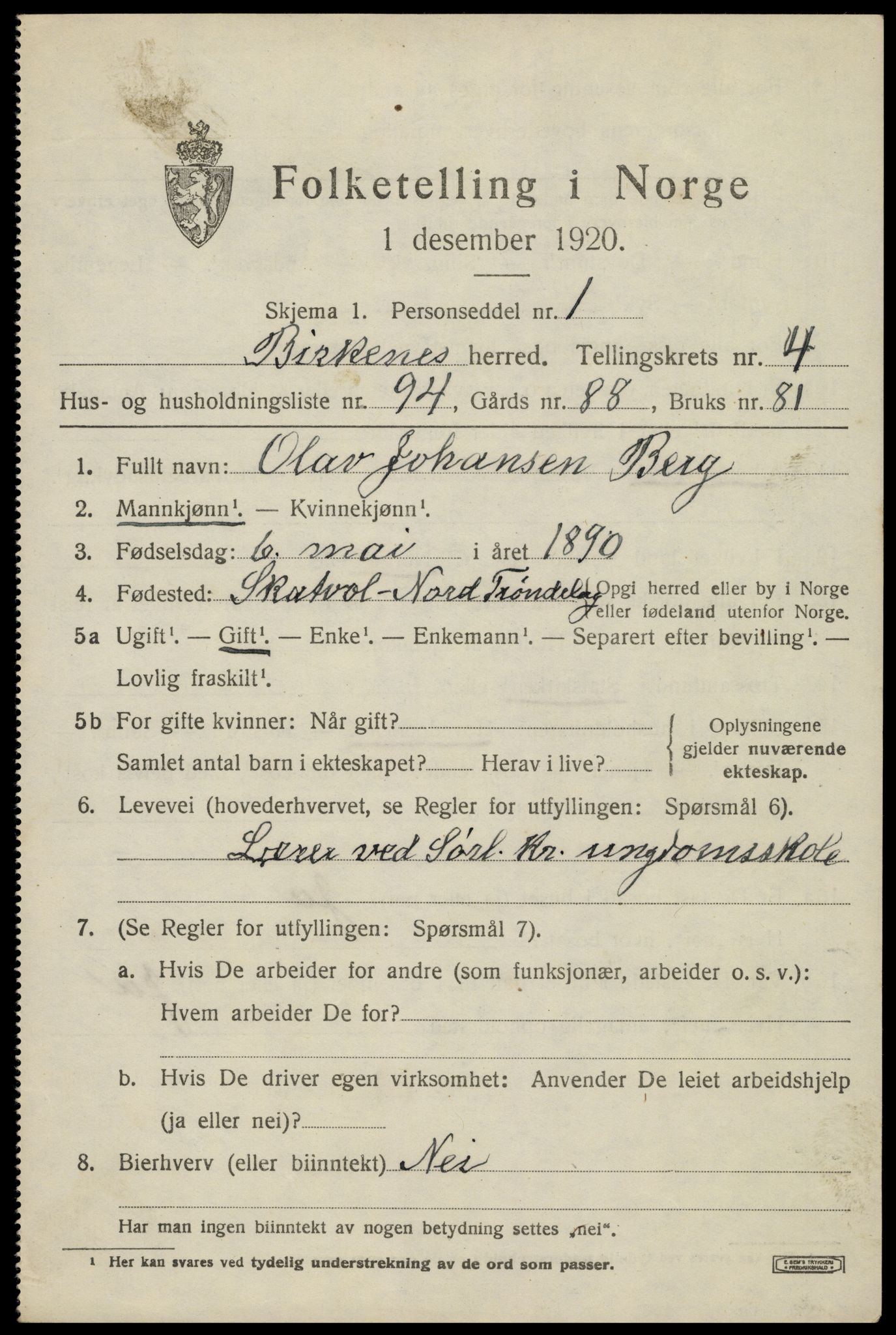 SAK, 1920 census for Birkenes, 1920, p. 3011