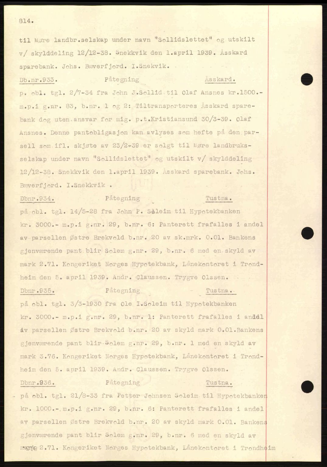 Nordmøre sorenskriveri, AV/SAT-A-4132/1/2/2Ca: Mortgage book no. C80, 1936-1939, Diary no: : 933/1939