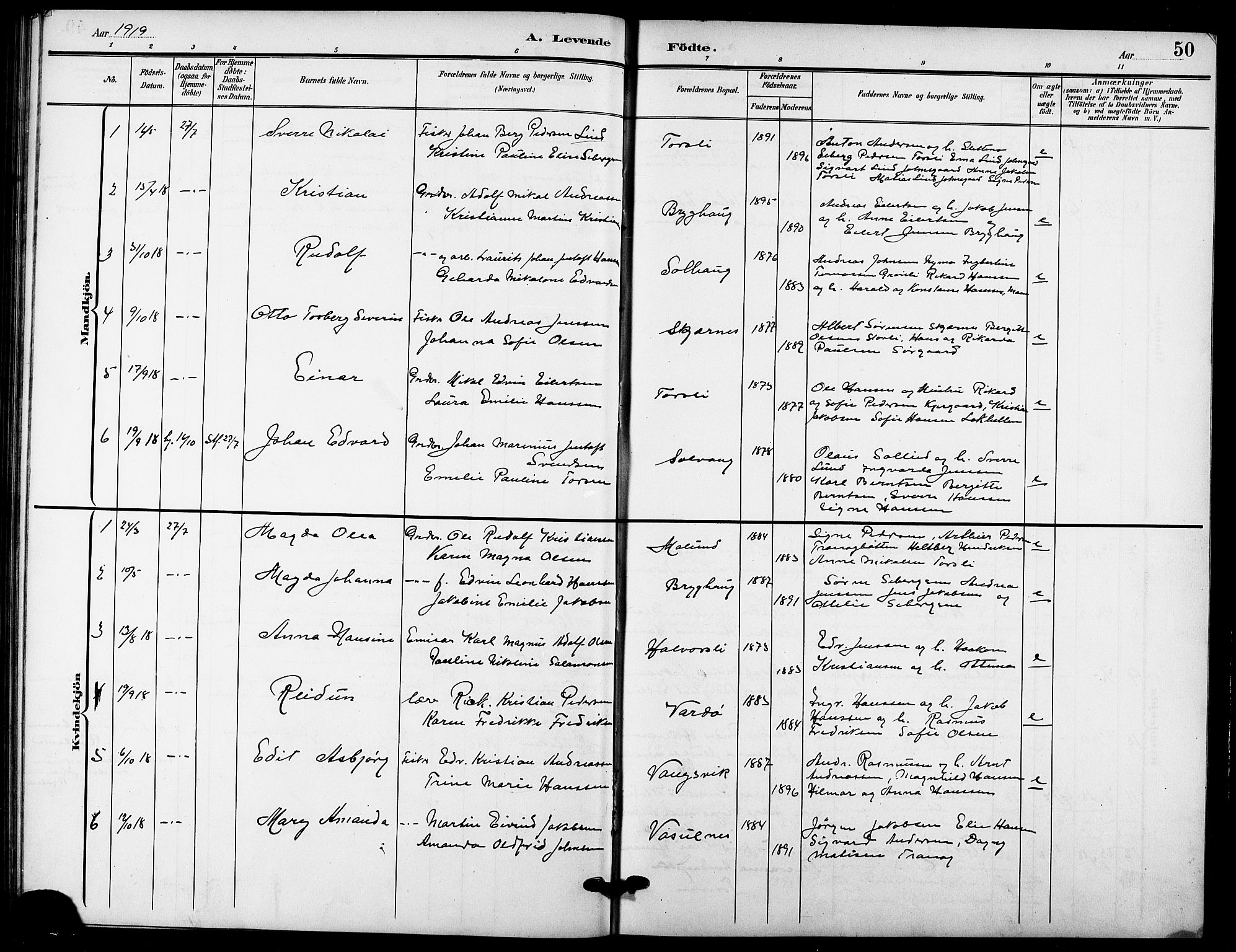 Tranøy sokneprestkontor, SATØ/S-1313/I/Ia/Iab/L0005klokker: Parish register (copy) no. 5, 1902-1919, p. 50