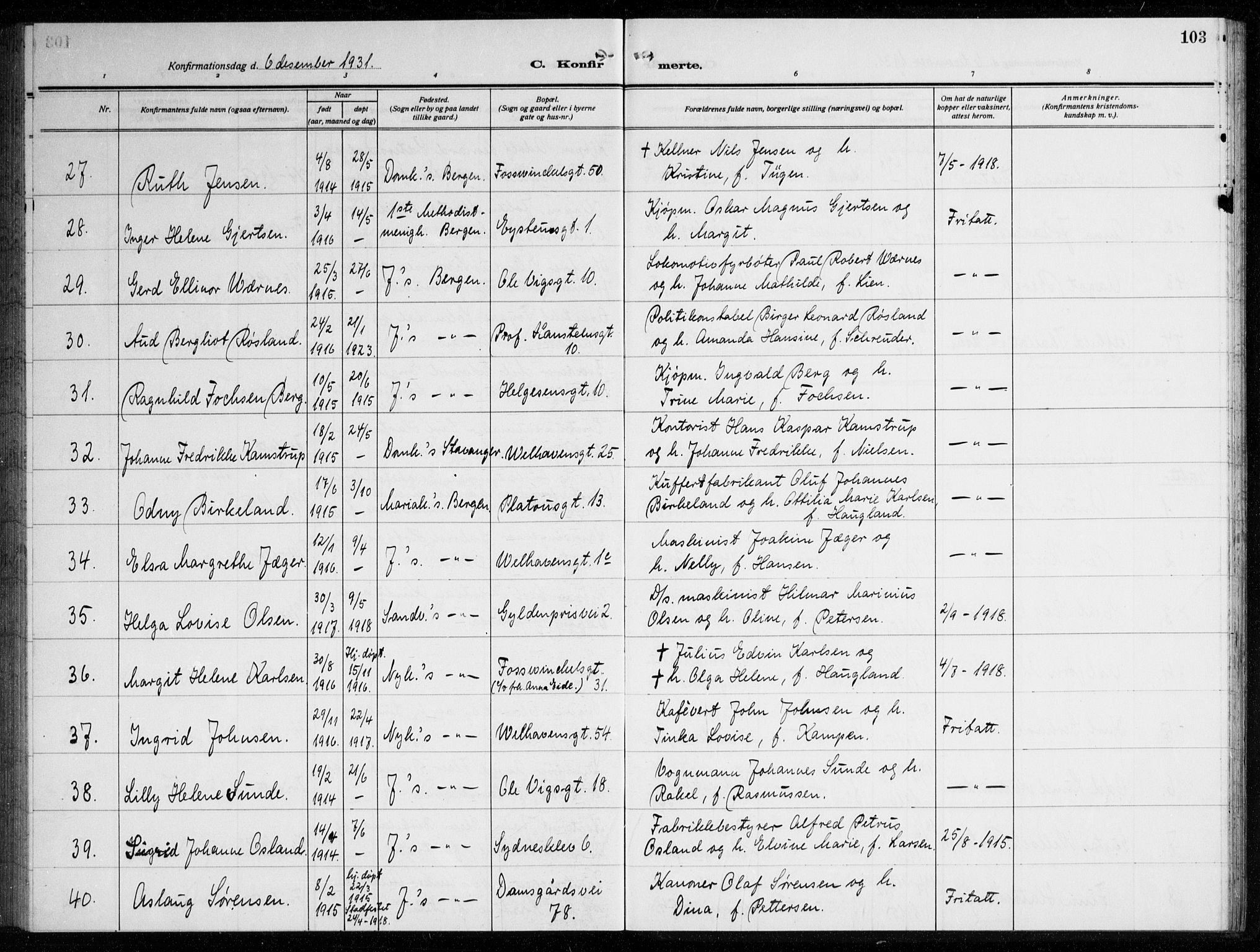 Johanneskirken sokneprestembete, AV/SAB-A-76001/H/Haa/L0010: Parish register (official) no. C 3, 1925-1935, p. 103