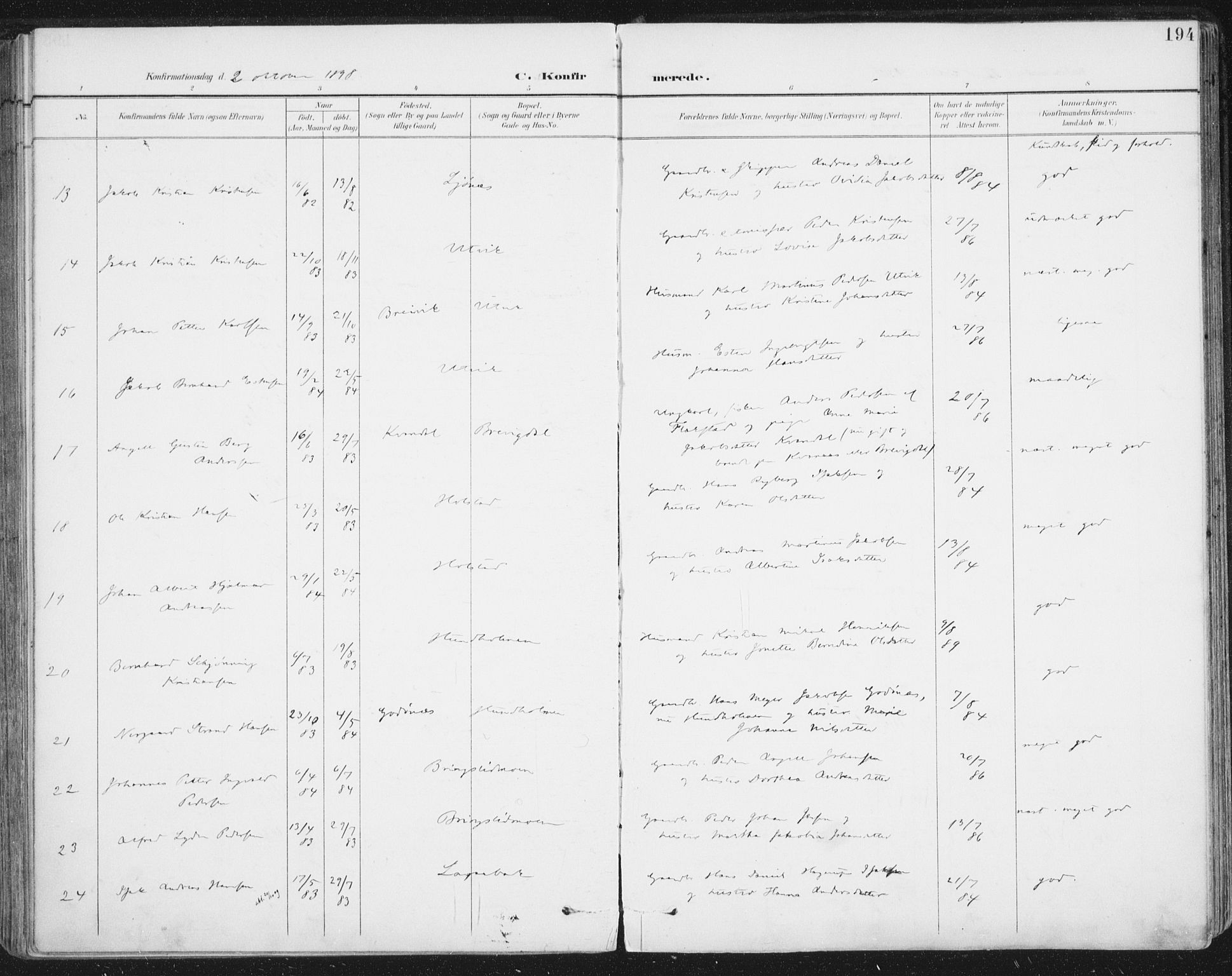 Ministerialprotokoller, klokkerbøker og fødselsregistre - Nordland, AV/SAT-A-1459/852/L0741: Parish register (official) no. 852A11, 1894-1917, p. 194