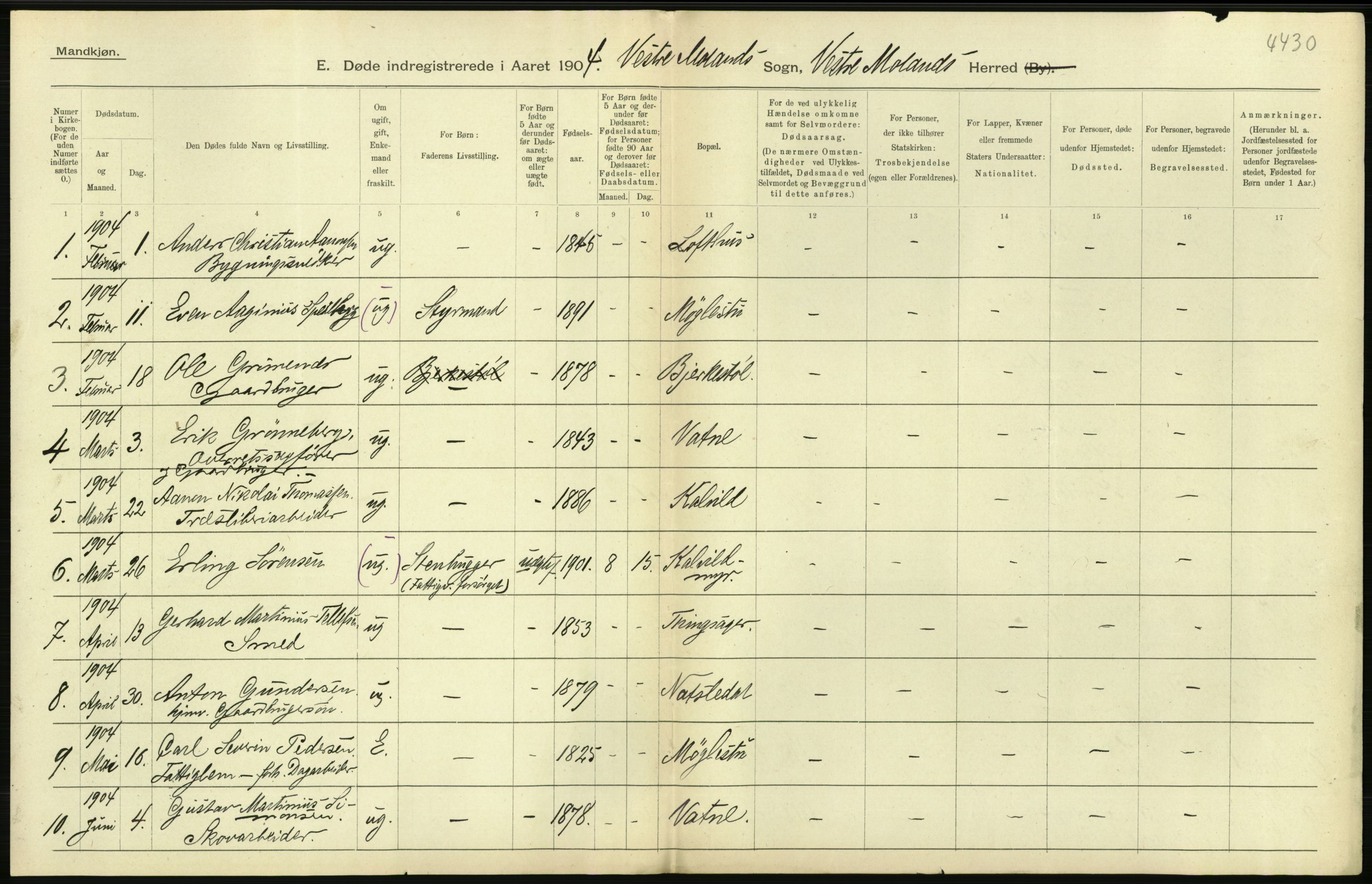 Statistisk sentralbyrå, Sosiodemografiske emner, Befolkning, AV/RA-S-2228/D/Df/Dfa/Dfab/L0010: Nedenes amt: Fødte, gifte, døde, 1904, p. 428