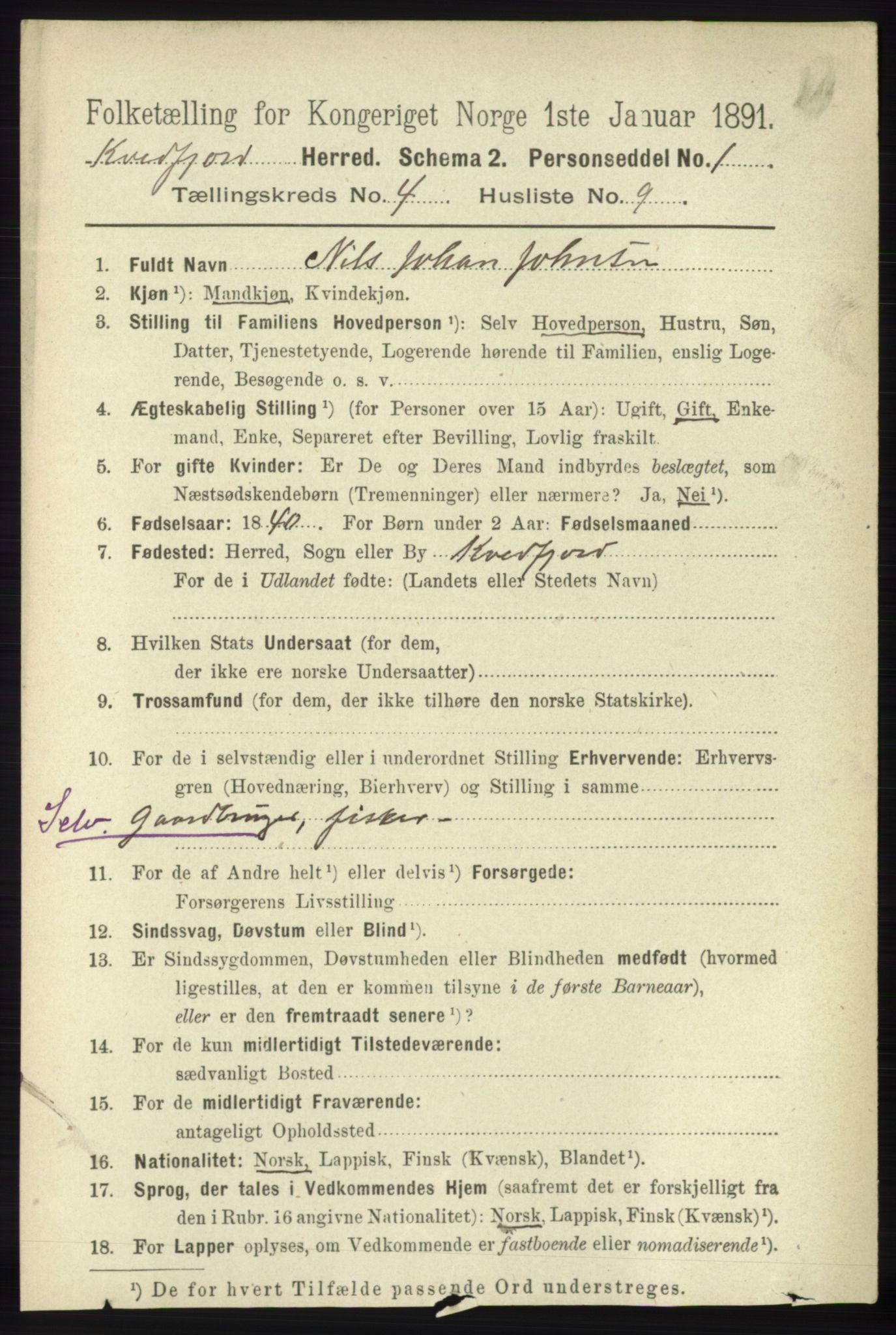 RA, 1891 census for 1911 Kvæfjord, 1891, p. 1938