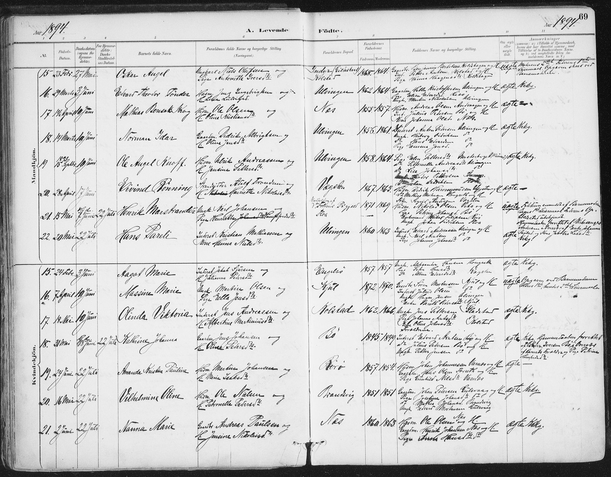 Ministerialprotokoller, klokkerbøker og fødselsregistre - Nordland, AV/SAT-A-1459/816/L0244: Parish register (official) no. 816A10, 1886-1903, p. 69