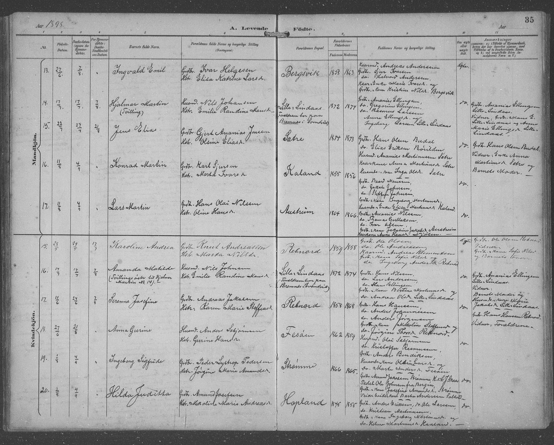 Lindås Sokneprestembete, AV/SAB-A-76701/H/Hab/Habc/L0004: Parish register (copy) no. C 4, 1894-1910, p. 35