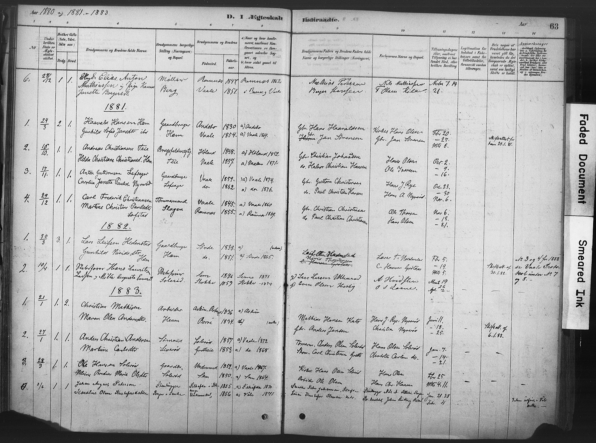 Våle kirkebøker, SAKO/A-334/F/Fb/L0002: Parish register (official) no. II 2, 1878-1907, p. 63