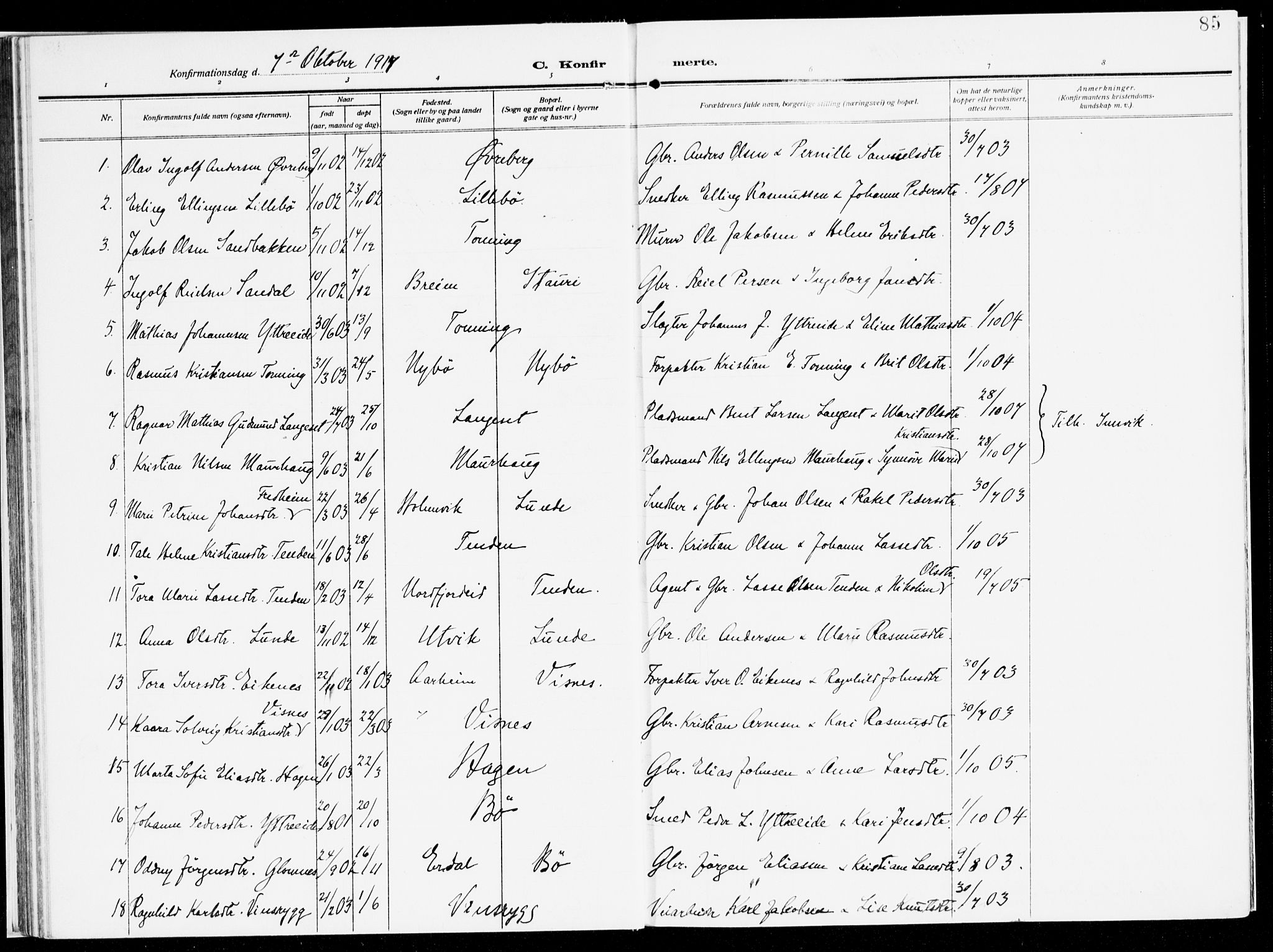 Stryn Sokneprestembete, AV/SAB-A-82501: Parish register (official) no. B 2, 1908-1936, p. 85