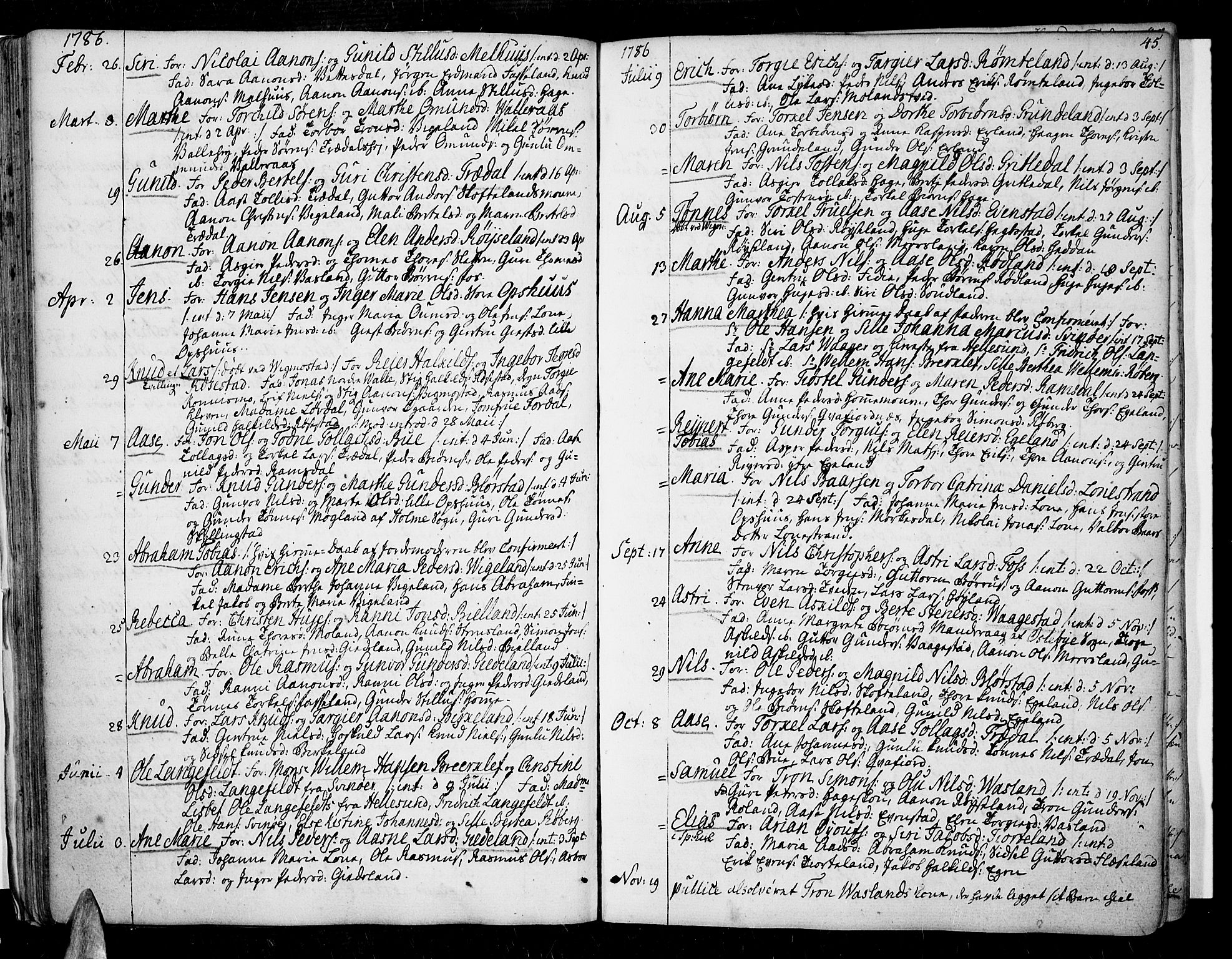 Sør-Audnedal sokneprestkontor, AV/SAK-1111-0039/F/Fa/Fab/L0002: Parish register (official) no. A 2 /1, 1766-1815, p. 45