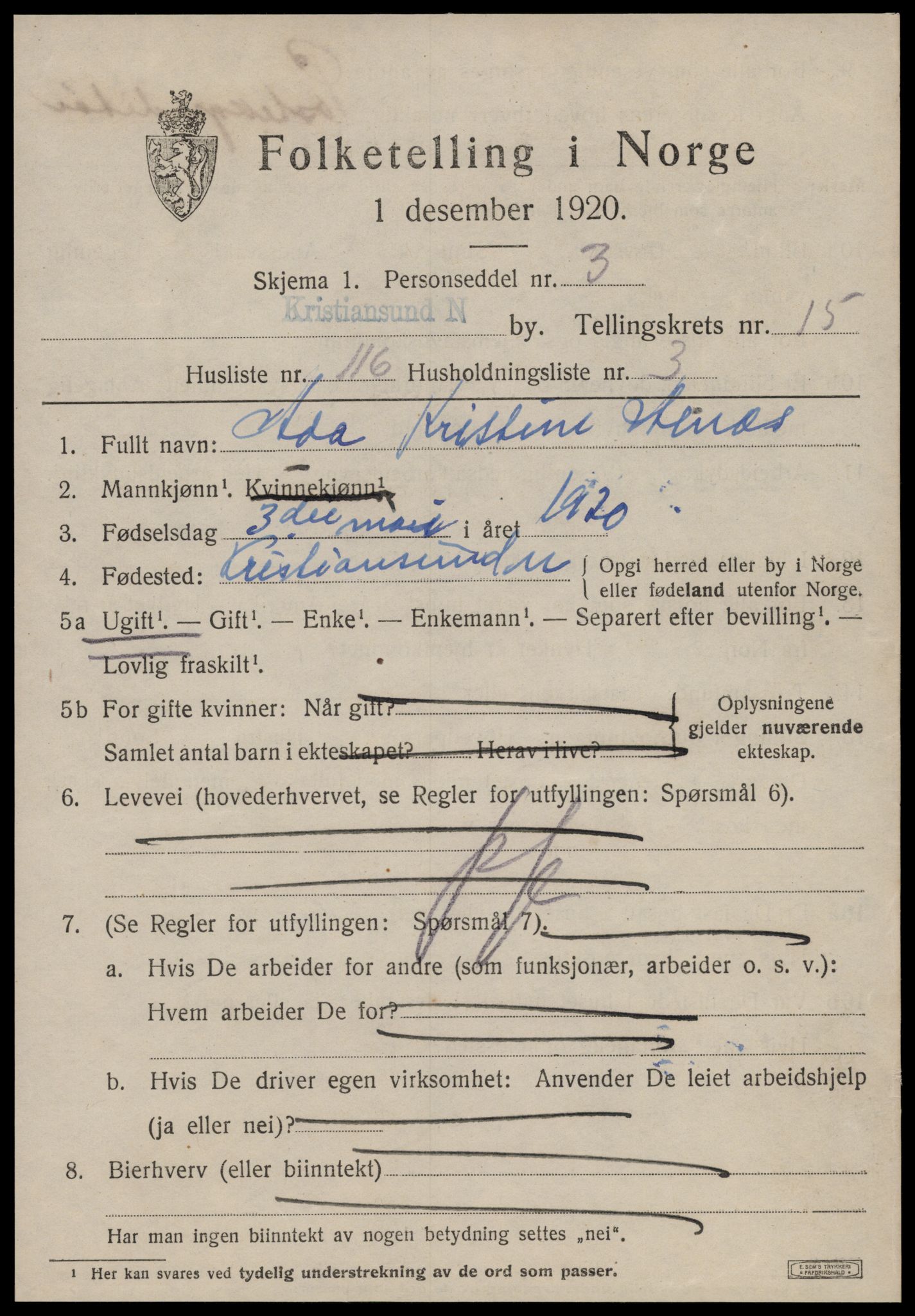 SAT, 1920 census for Kristiansund, 1920, p. 33823