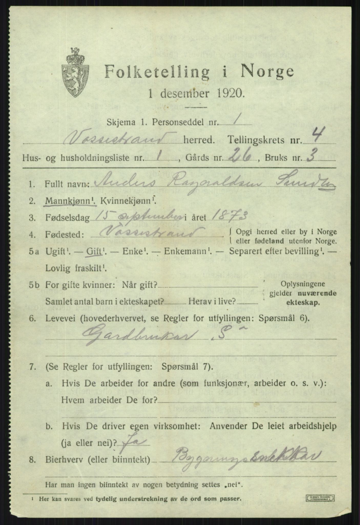 SAB, 1920 census for Vossestrand, 1920, p. 1994