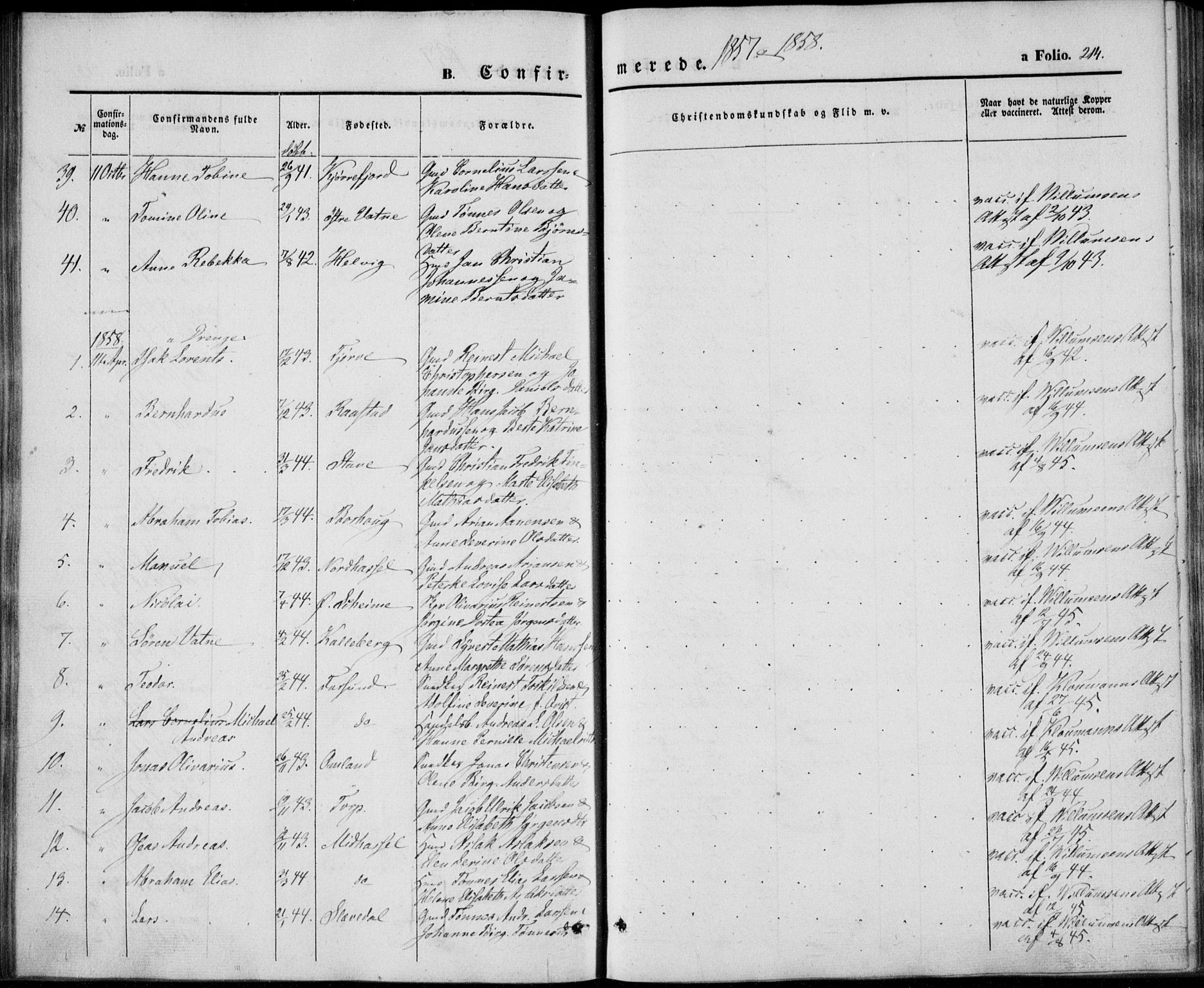 Lista sokneprestkontor, AV/SAK-1111-0027/F/Fb/L0002: Parish register (copy) no. B 2, 1847-1862, p. 214