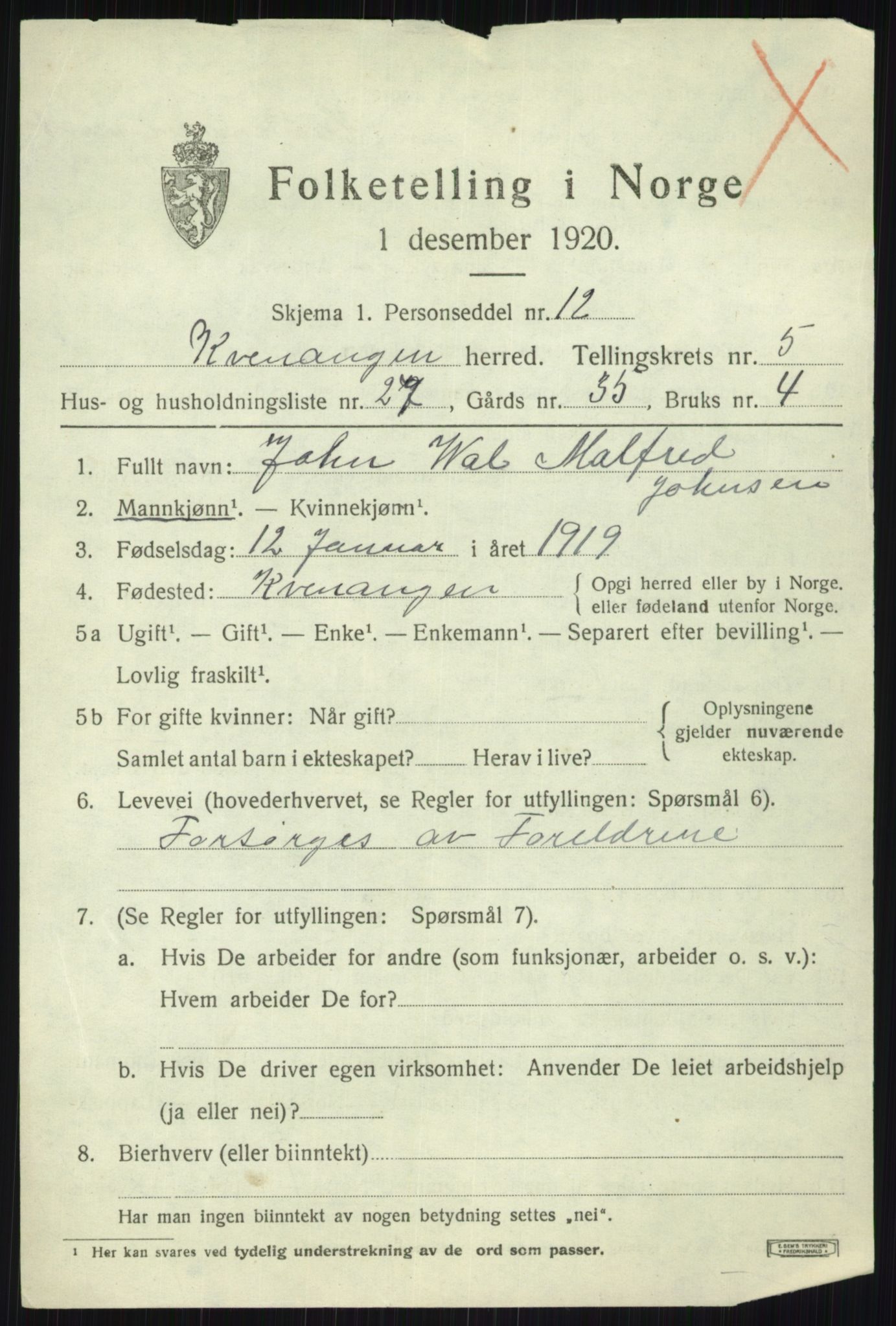 SATØ, 1920 census for Kvænangen, 1920, p. 3620