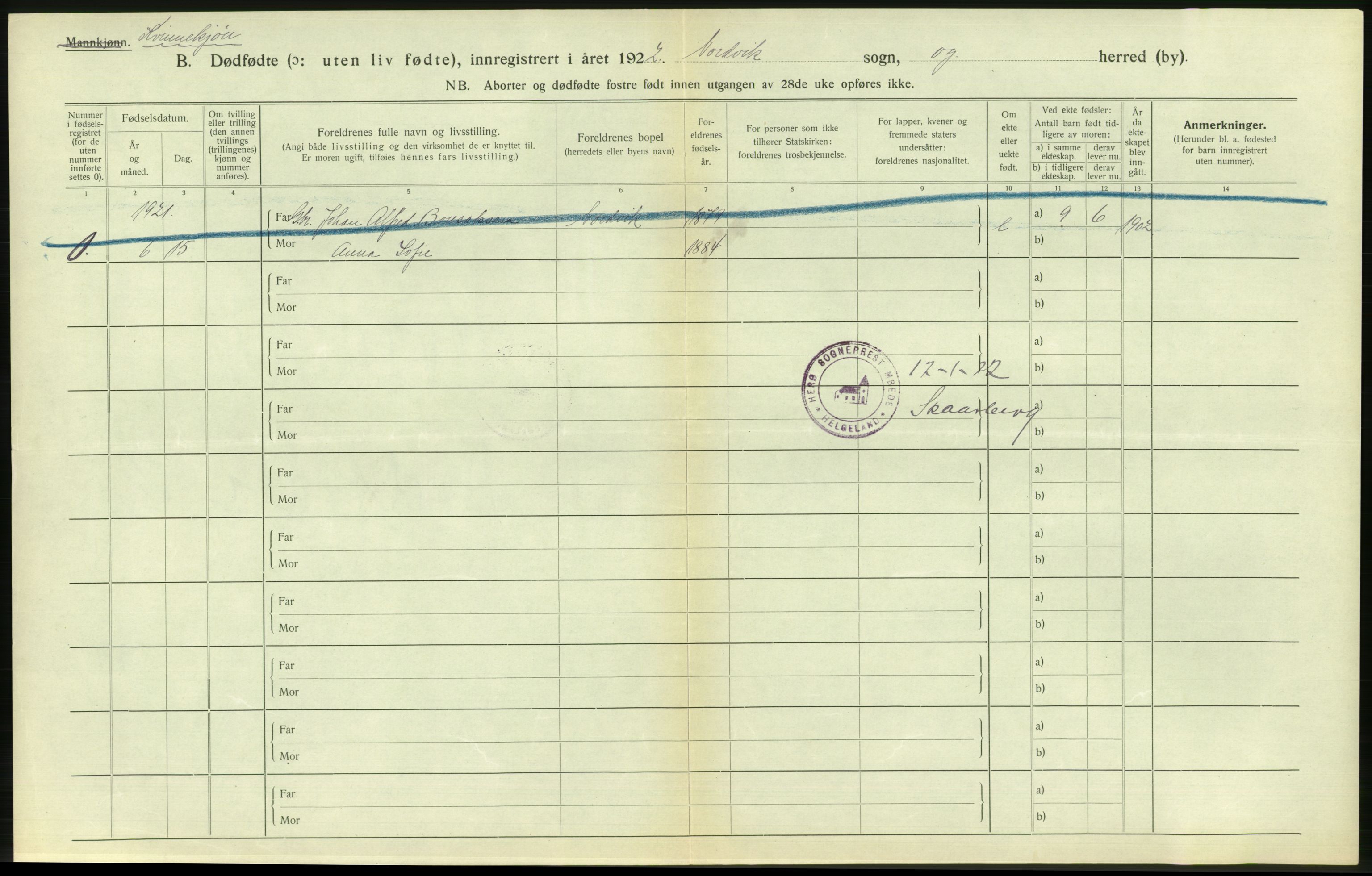 Statistisk sentralbyrå, Sosiodemografiske emner, Befolkning, AV/RA-S-2228/D/Df/Dfc/Dfcb/L0045: Nordland fylke: Gifte, dødfødte. Bygder og byer., 1922, p. 366