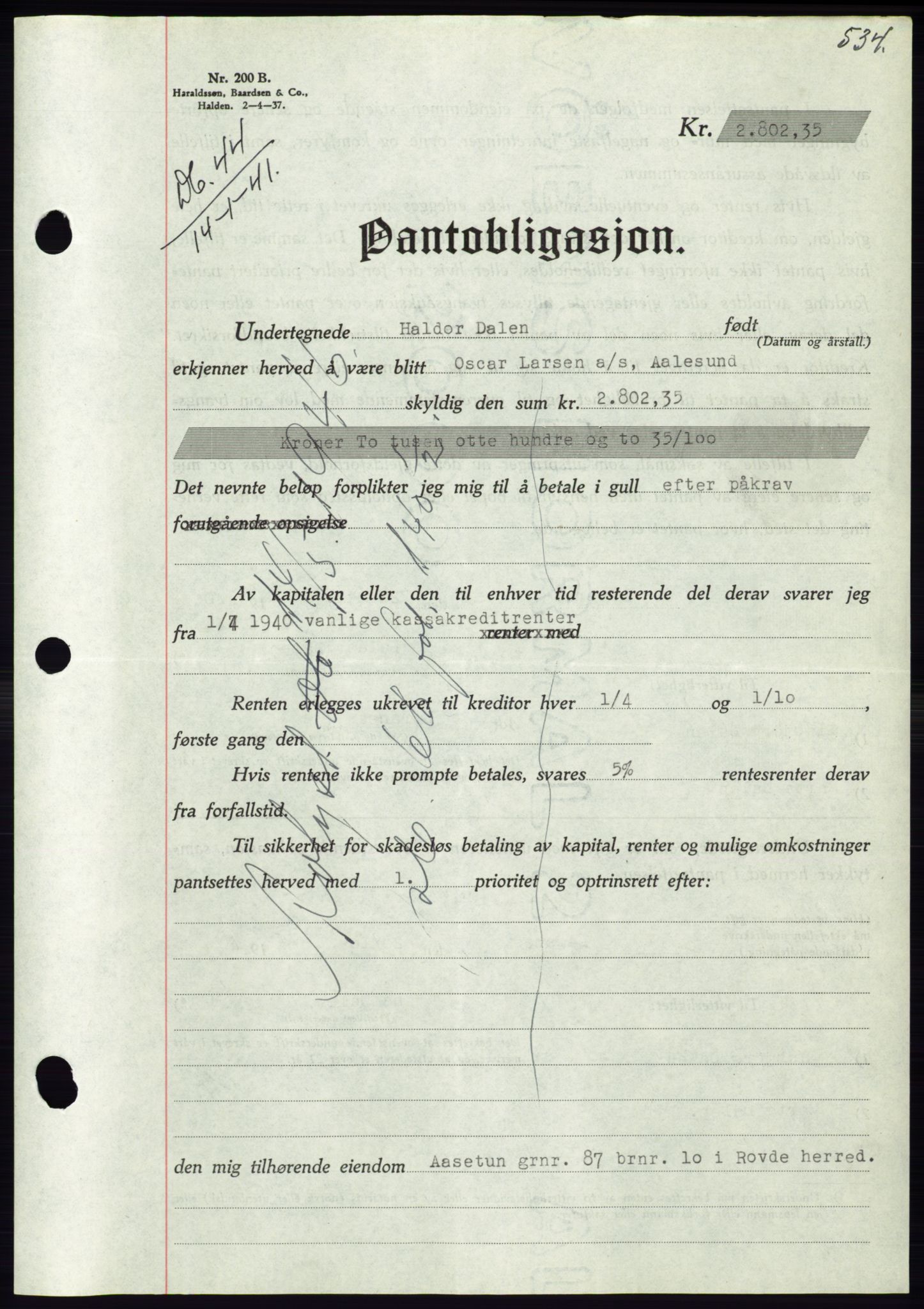 Søre Sunnmøre sorenskriveri, AV/SAT-A-4122/1/2/2C/L0070: Mortgage book no. 64, 1940-1941, Diary no: : 44/1941