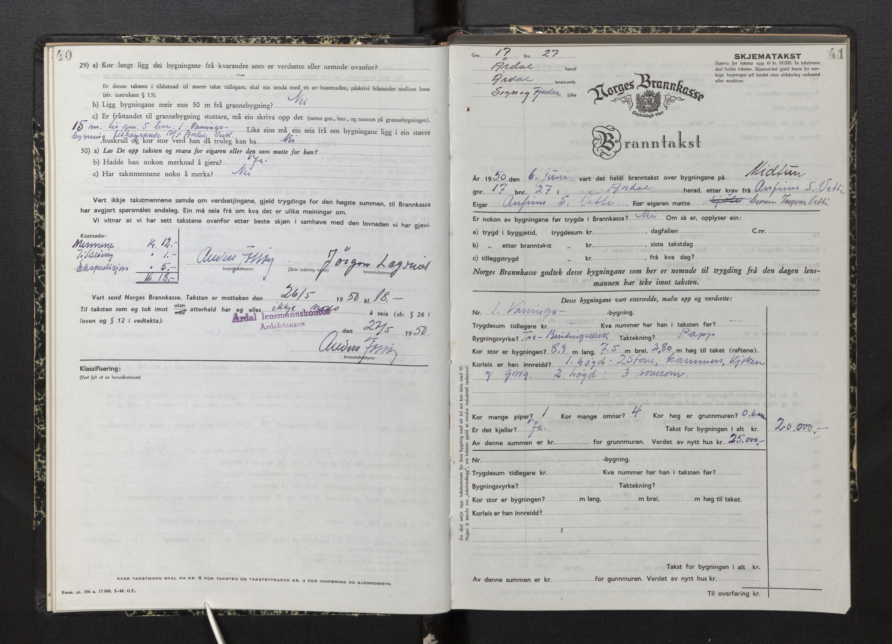 Lensmannen i Årdal, AV/SAB-A-30501/0012/L0012: Branntakstprotokoll, skjematakst, 1949-1955, p. 40-41