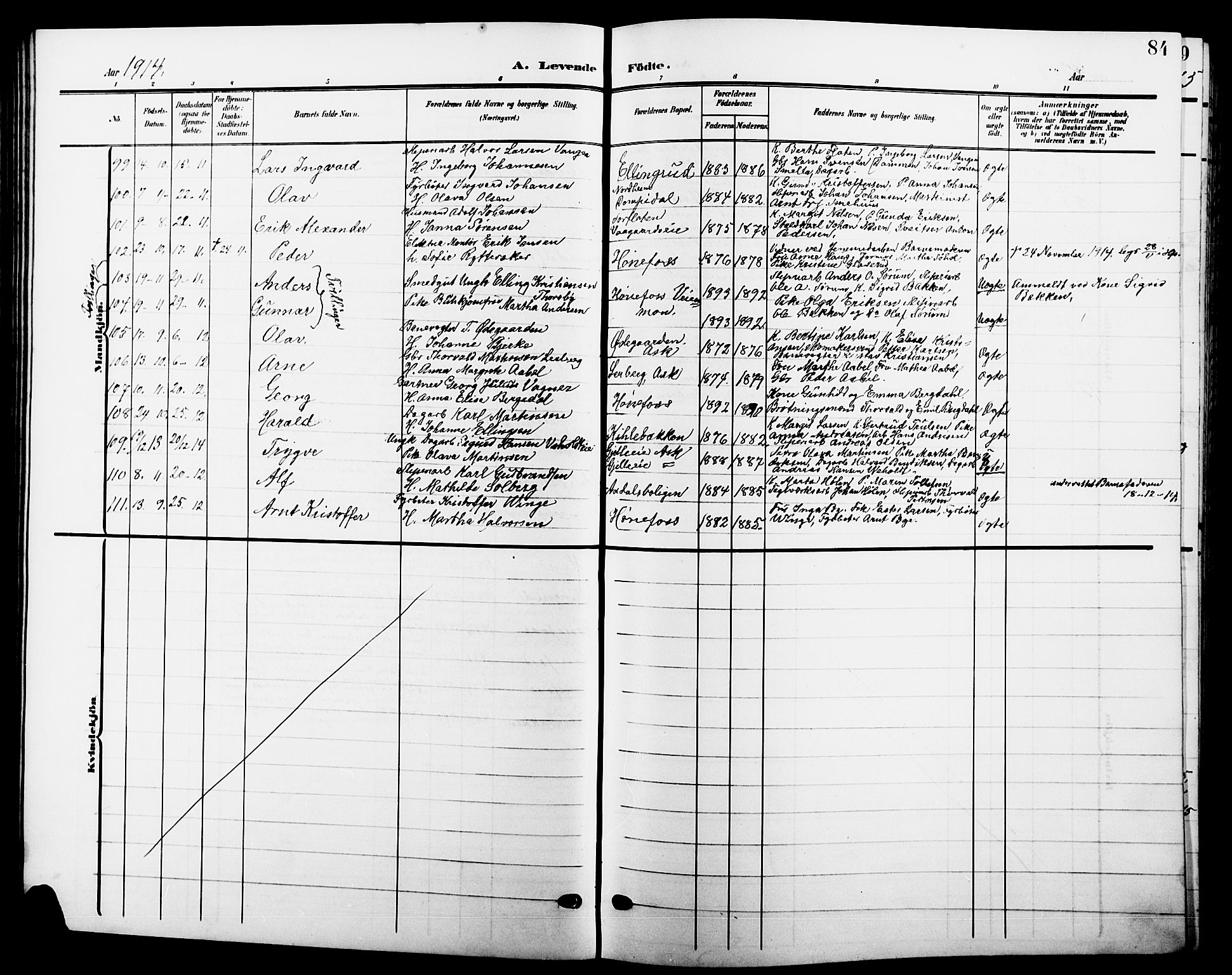 Hønefoss kirkebøker, AV/SAKO-A-609/G/Ga/L0003: Parish register (copy) no. 3, 1905-1925, p. 84