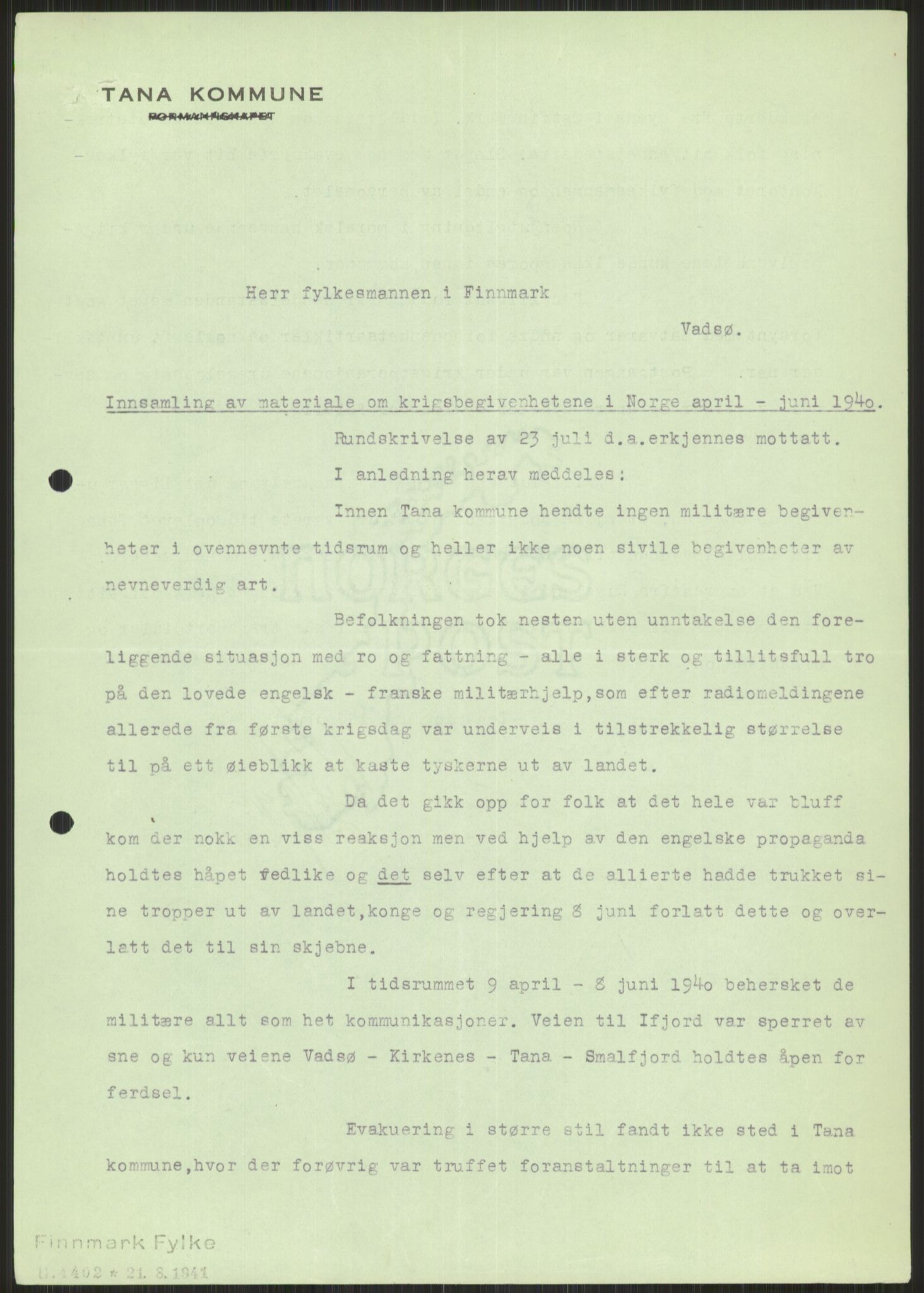 Forsvaret, Forsvarets krigshistoriske avdeling, AV/RA-RAFA-2017/Y/Ya/L0017: II-C-11-31 - Fylkesmenn.  Rapporter om krigsbegivenhetene 1940., 1940, p. 744