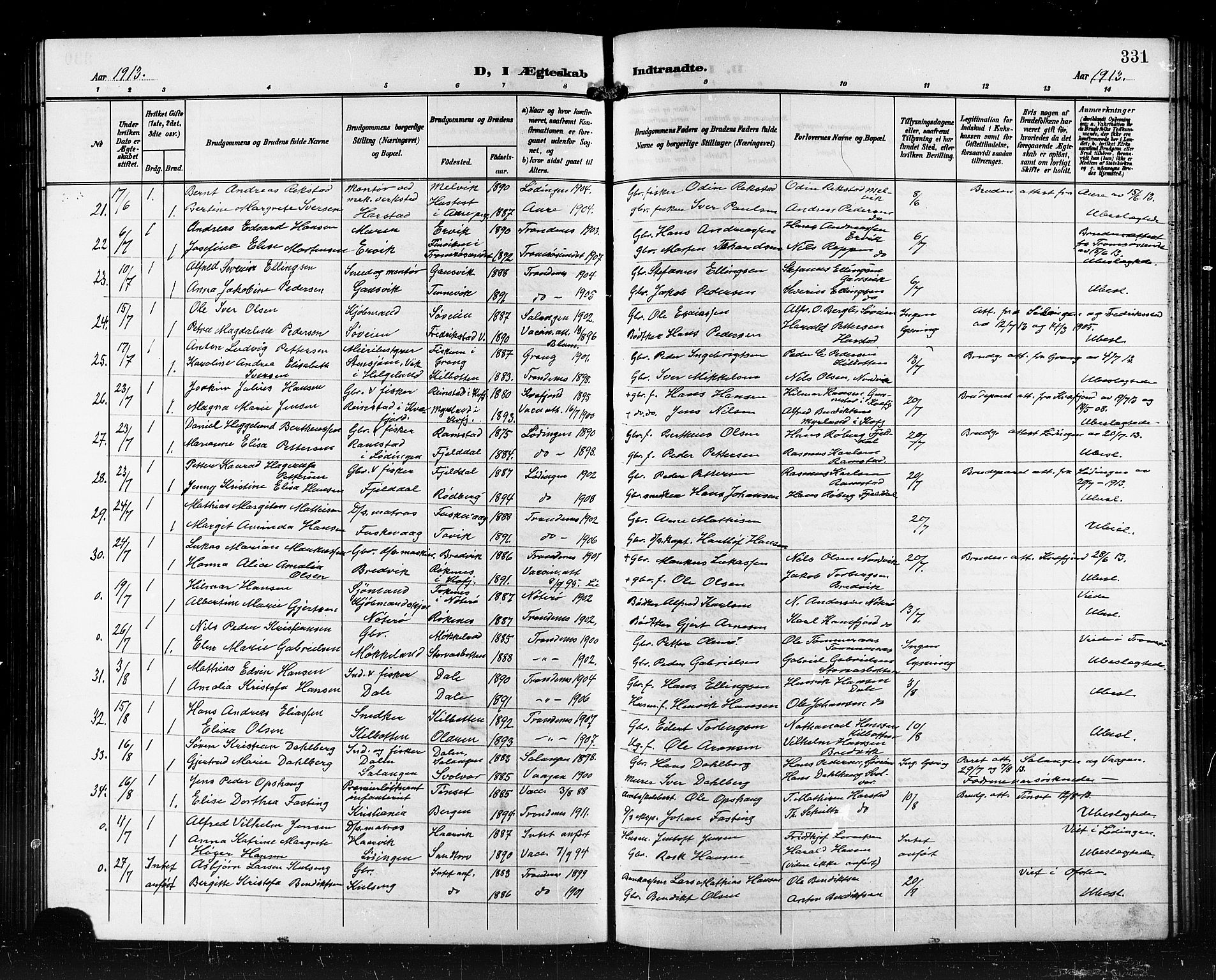 Trondenes sokneprestkontor, AV/SATØ-S-1319/H/Hb/L0012klokker: Parish register (copy) no. 12, 1907-1916, p. 331