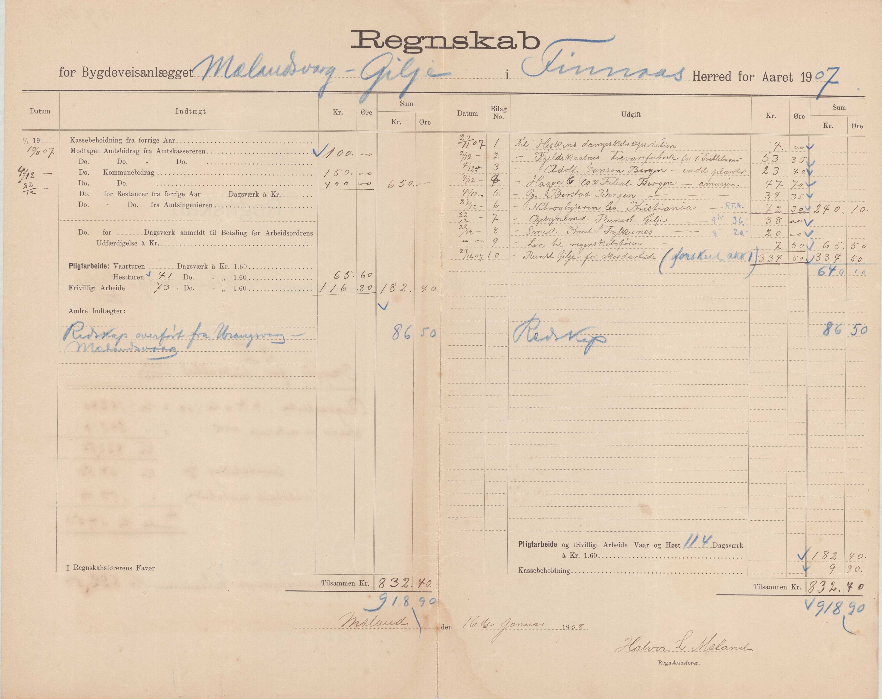 Finnaas kommune. Formannskapet, IKAH/1218a-021/E/Ea/L0001/0005: Rekneskap for veganlegg / Rekneskap for veganlegget Mælandsvåg - Gilje, 1907-1910, p. 5