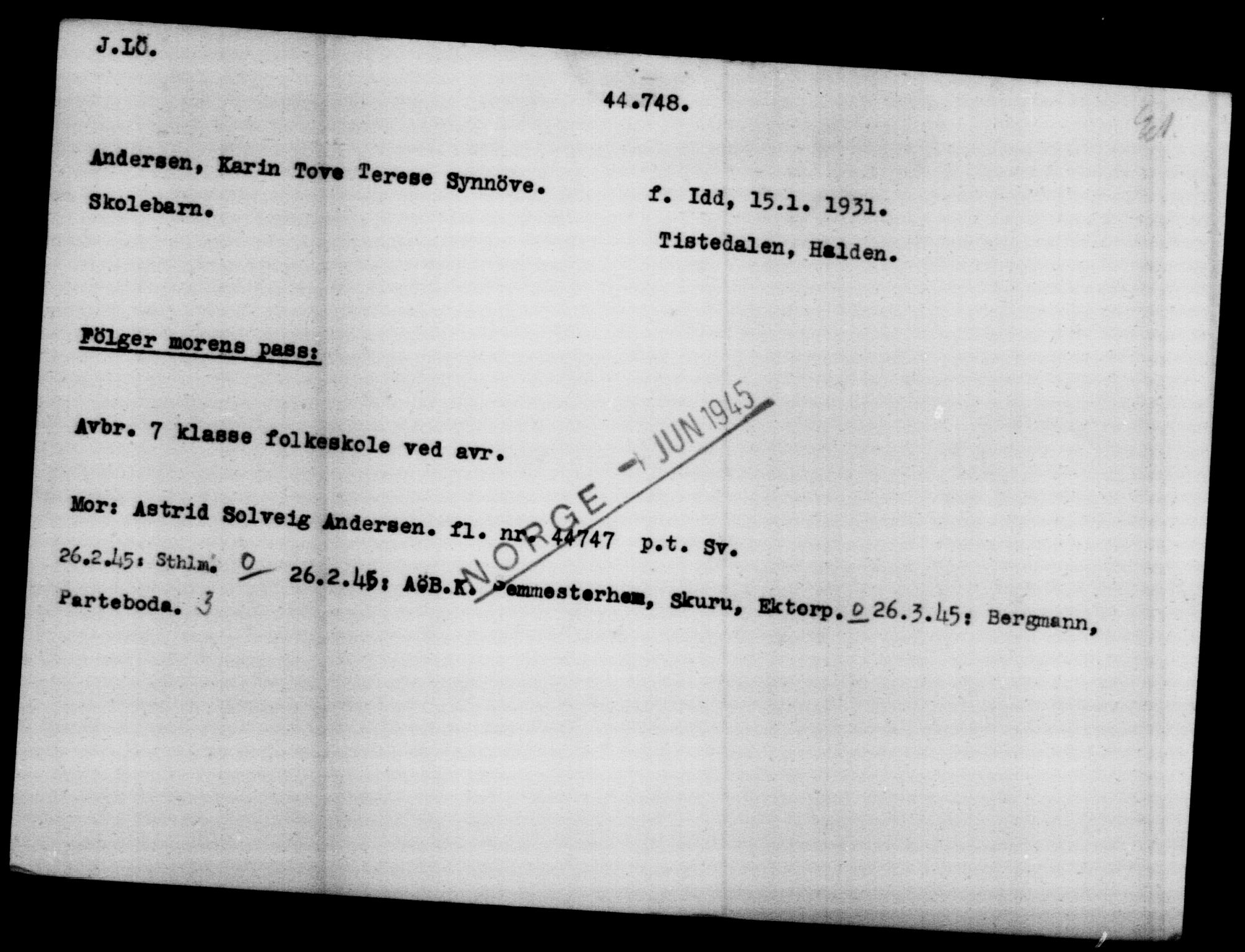 Utenriksstasjonene, Legasjonen i Stockholm, Flyktningkontoret, AV/RA-S-6753/V/Va/L0017: Kjesäterkartoteket, flyktninger med registreringsnr. 43400-46318, 1940-1945, p. 1414