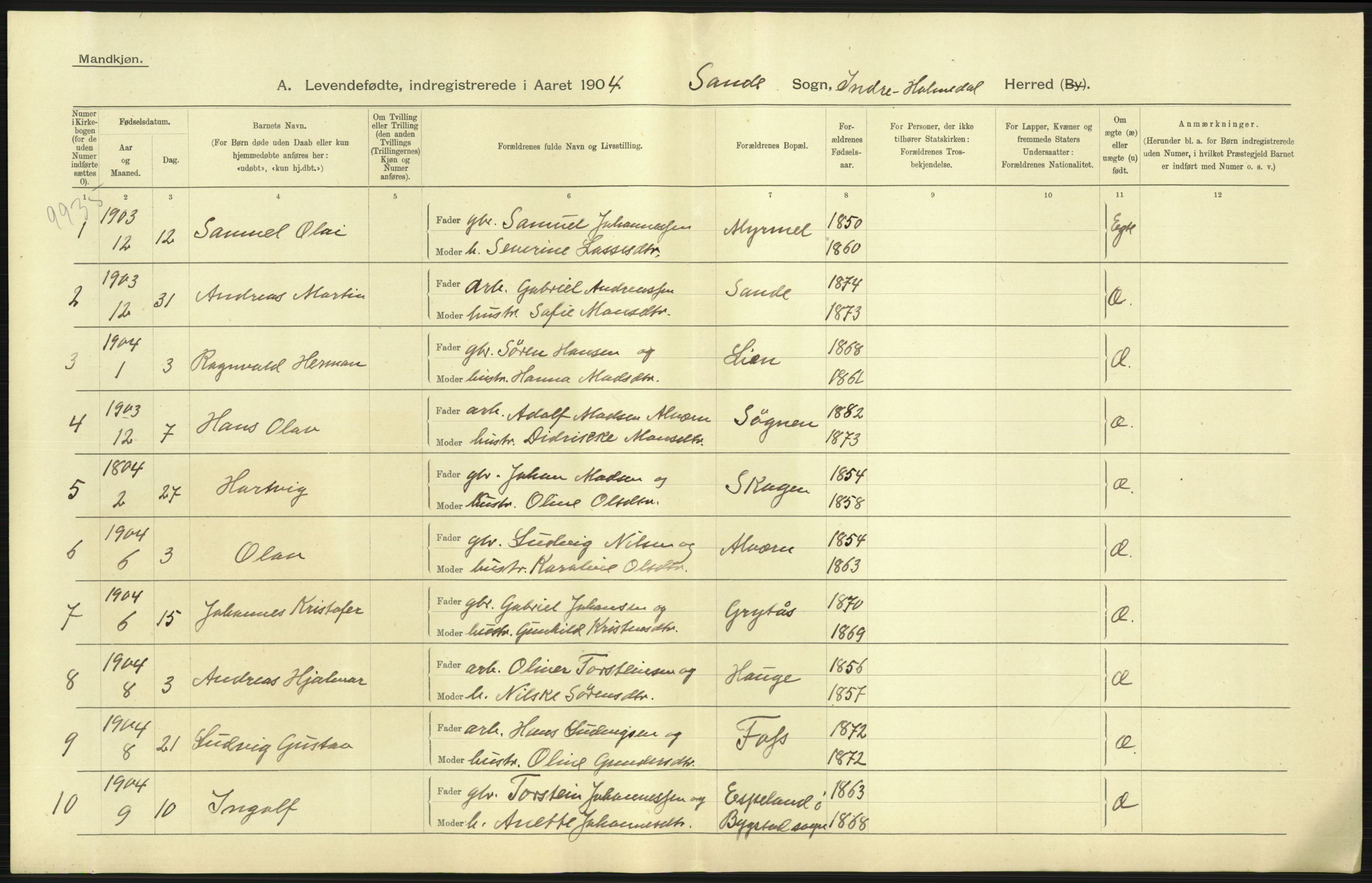 Statistisk sentralbyrå, Sosiodemografiske emner, Befolkning, RA/S-2228/D/Df/Dfa/Dfab/L0015: Nordre Bergenhus amt: Fødte, gifte, døde. Bygder, 1904, p. 47